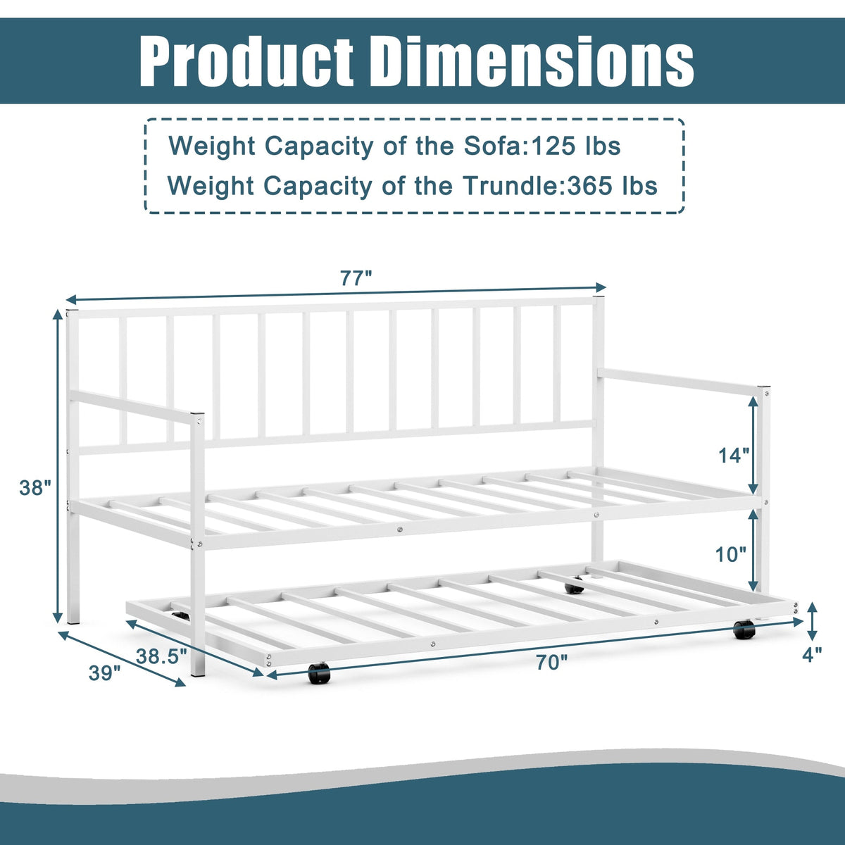 Twin Metal Daybed Sofa Bed Set with Roll Out Trundle-Trundle Bed Frame-DECOROLALA
