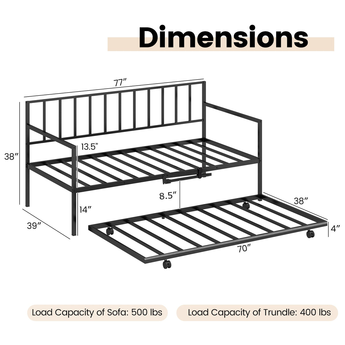 Twin Metal Daybed Sofa Bed Set with Roll Out Trundle-Trundle Bed Frame-DECOROLALA