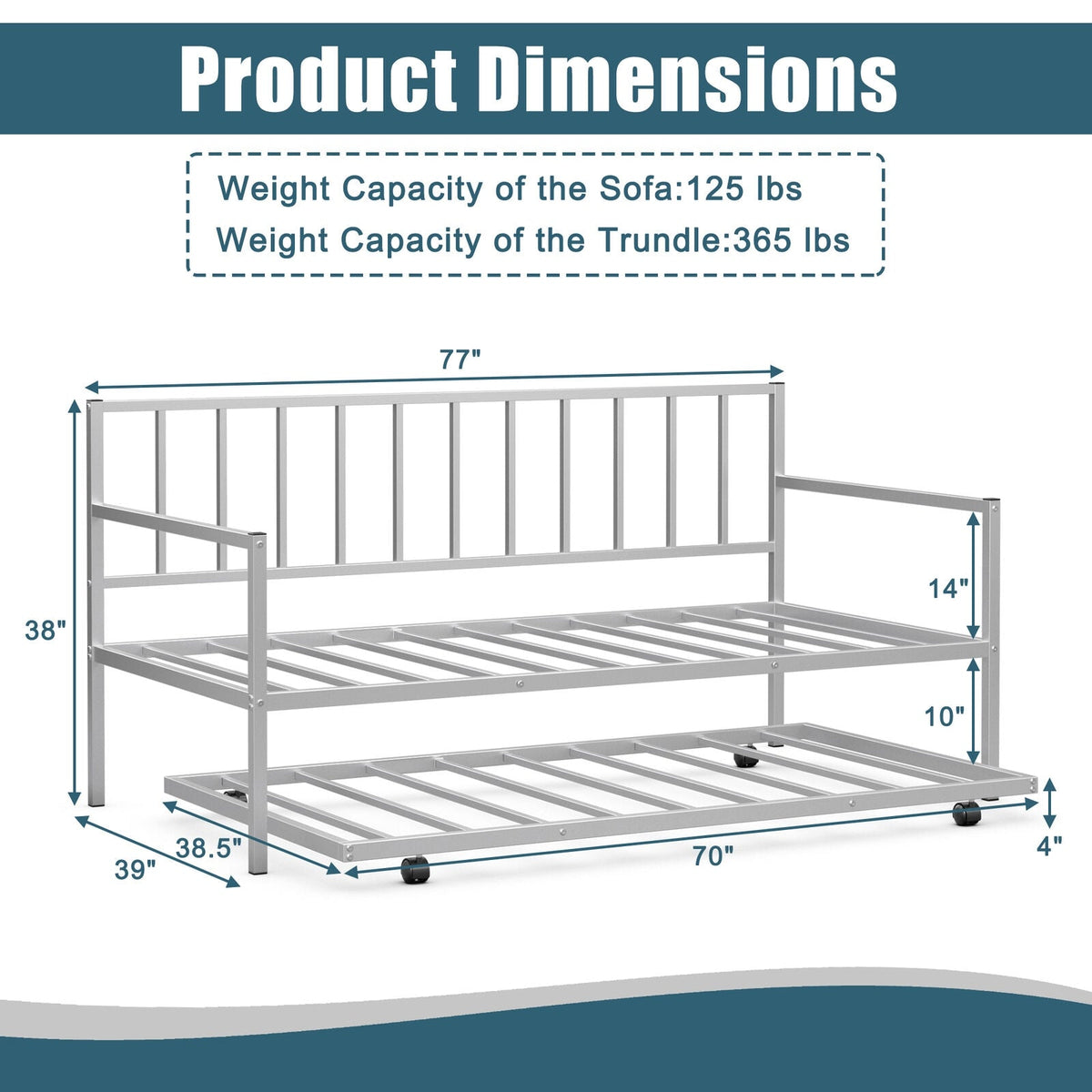 Twin Metal Daybed Sofa Bed Set with Roll Out Trundle-Trundle Bed Frame-DECOROLALA
