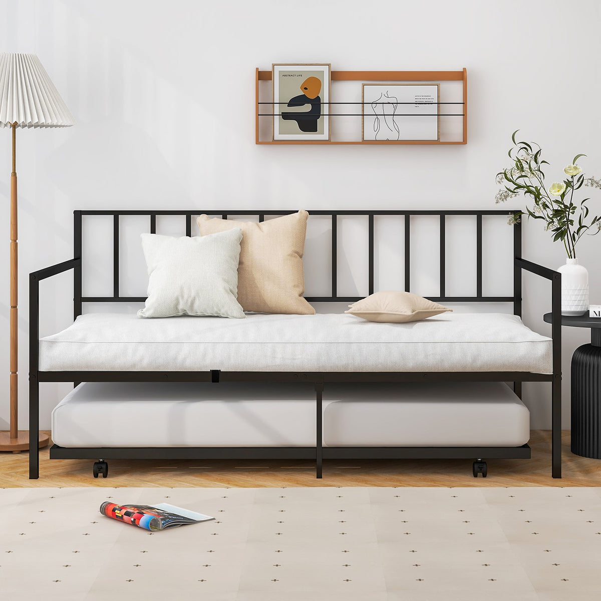 Twin Metal Daybed Sofa Bed Set with Roll Out Trundle-Trundle Bed Frame-DECOROLALA