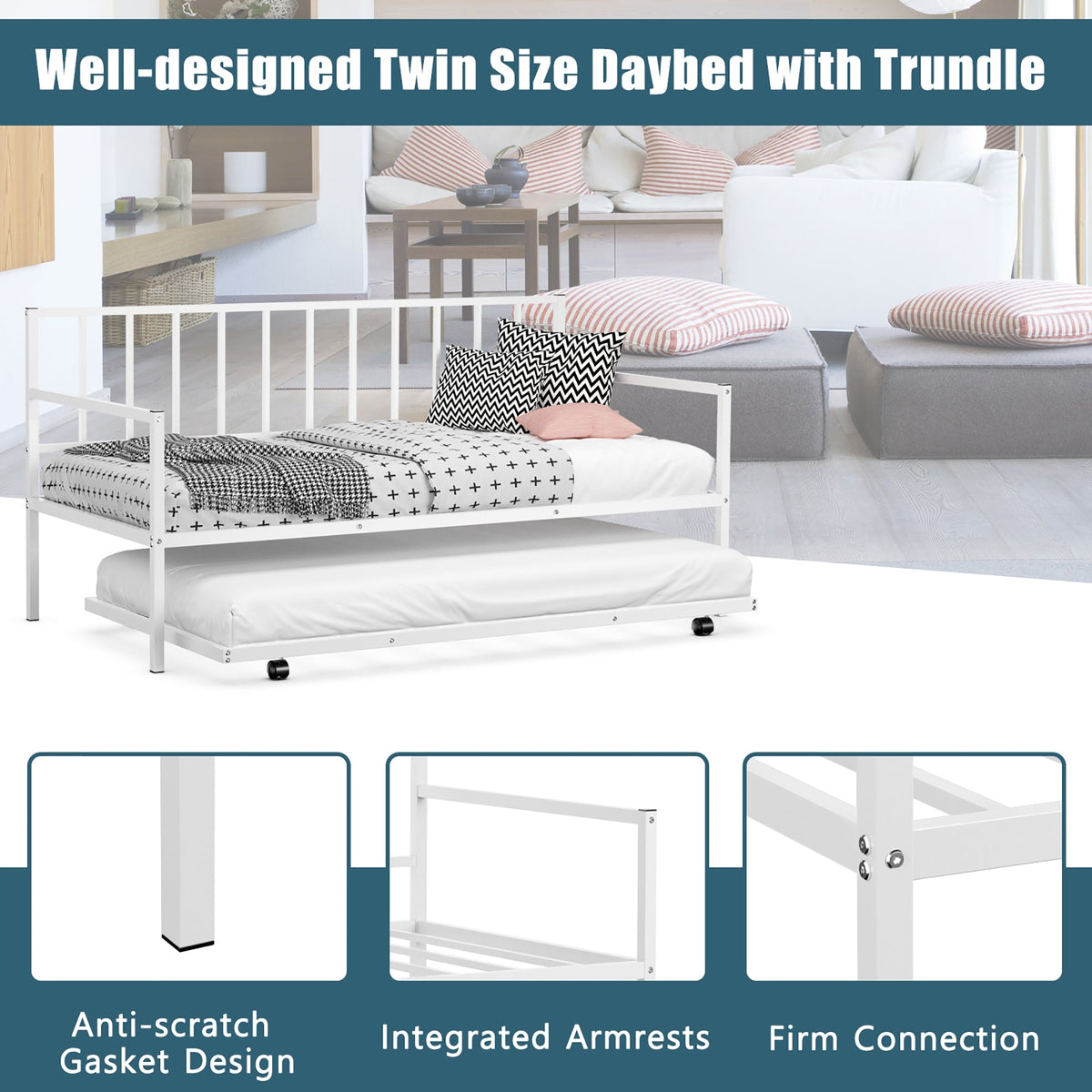 Twin Metal Daybed Sofa Bed Set with Roll Out Trundle-Trundle Bed Frame-DECOROLALA