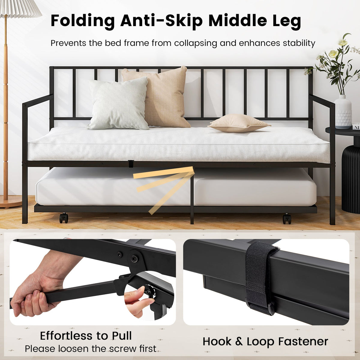 Twin Metal Daybed Sofa Bed Set with Roll Out Trundle-Trundle Bed Frame-DECOROLALA