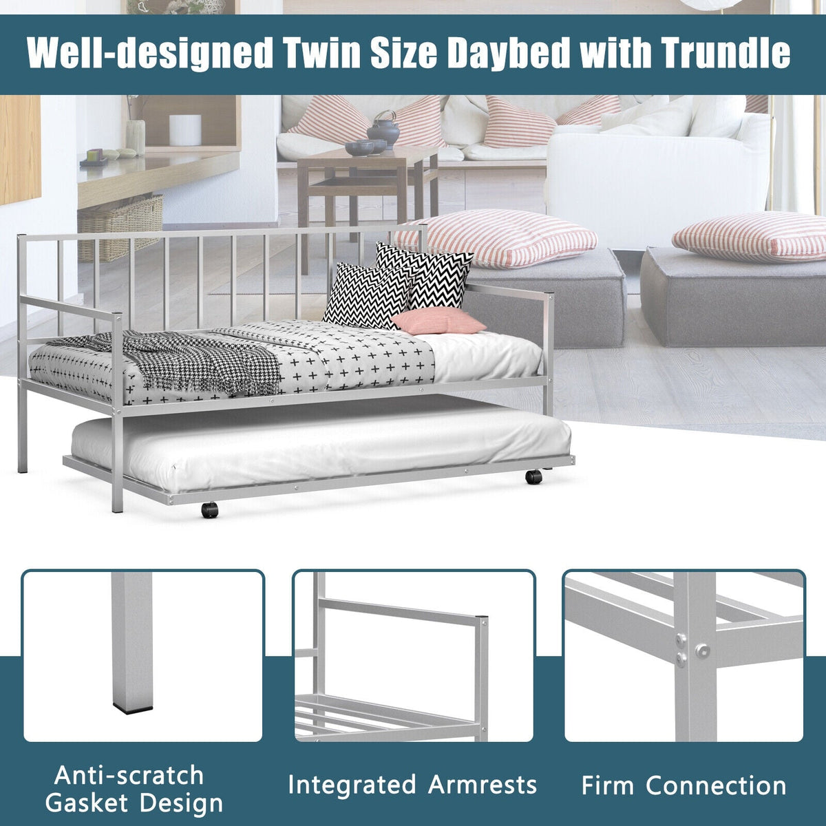Twin Metal Daybed Sofa Bed Set with Roll Out Trundle-Trundle Bed Frame-DECOROLALA