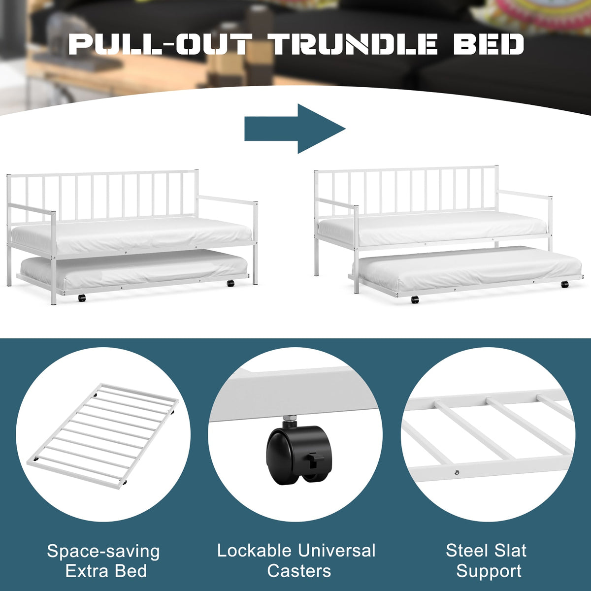 Twin Metal Daybed Sofa Bed Set with Roll Out Trundle-Trundle Bed Frame-DECOROLALA