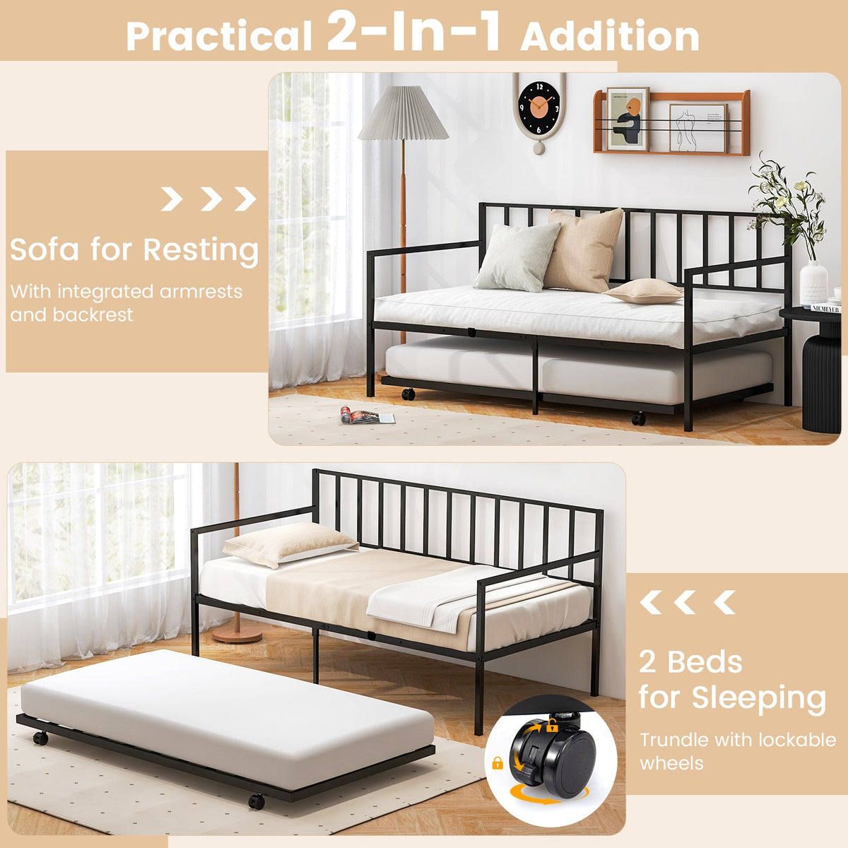 Twin Metal Daybed Sofa Bed Set with Roll Out Trundle-Trundle Bed Frame-DECOROLALA
