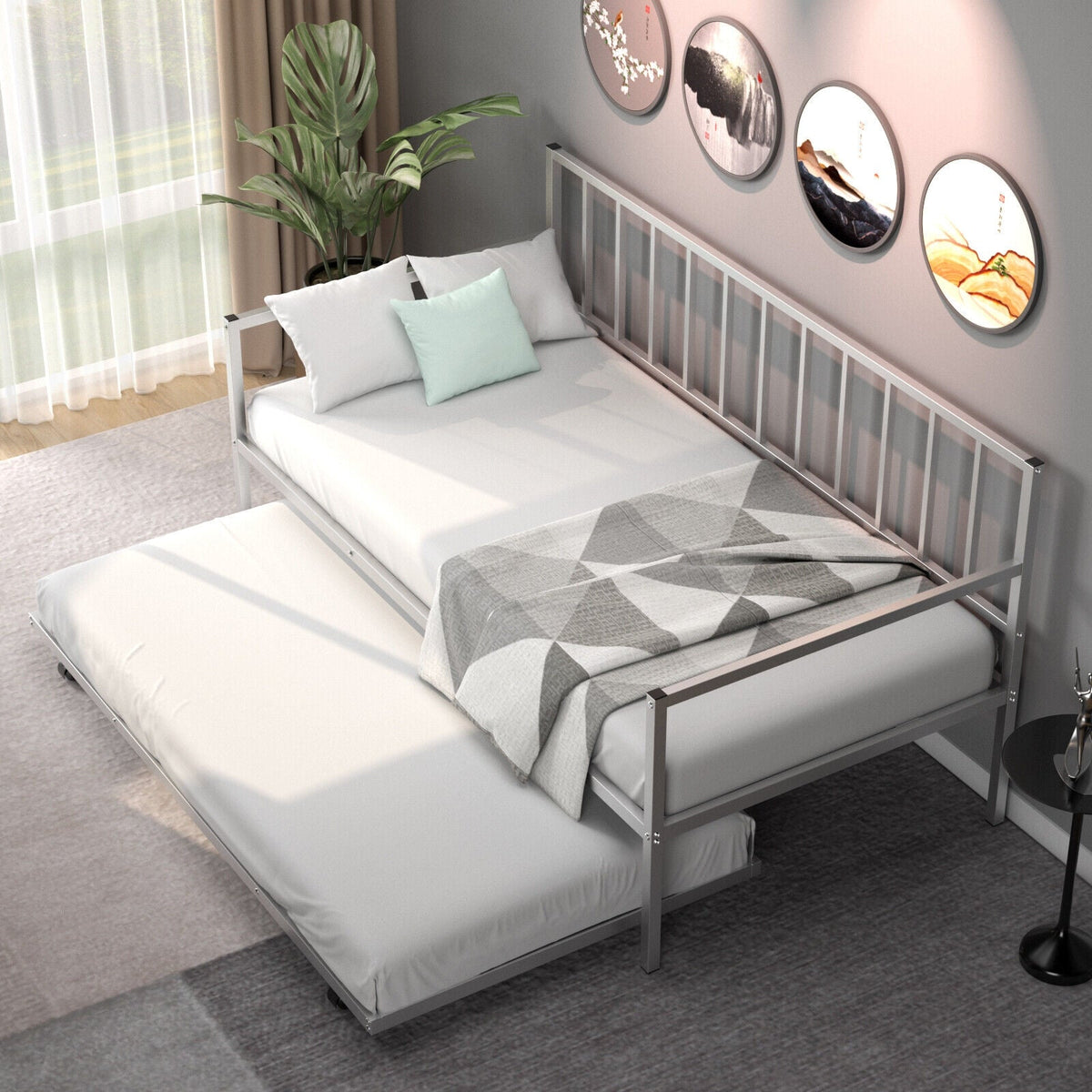 Twin Metal Daybed Sofa Bed Set with Roll Out Trundle-Trundle Bed Frame-DECOROLALA