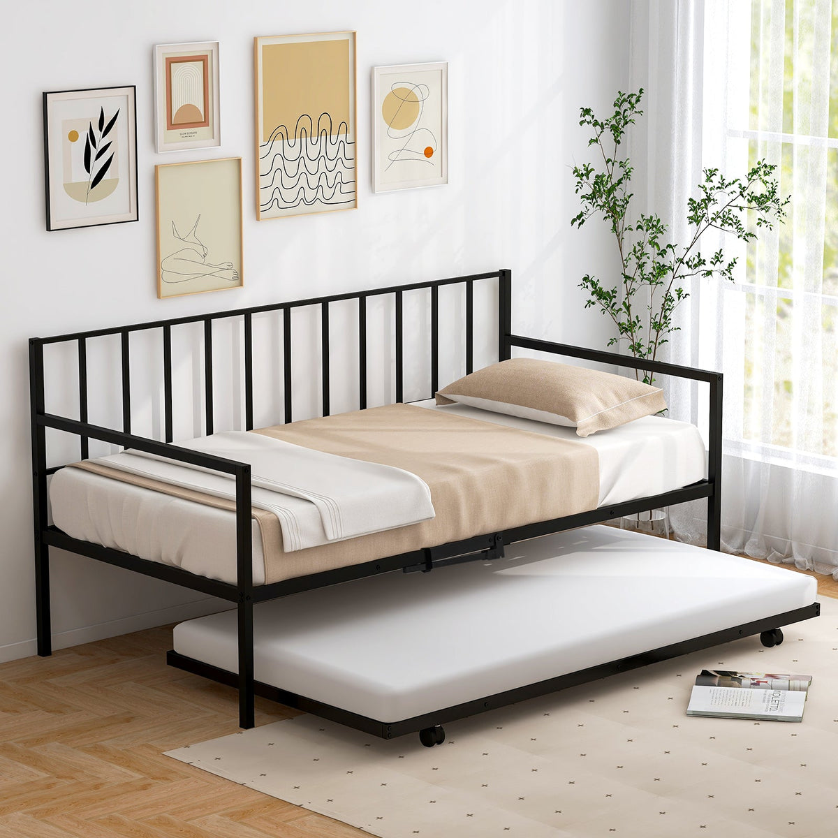 Twin Metal Daybed with Roll Out Trundle - Twin Size Steel Frame-Trundle Bed Frame-DECOROLALA