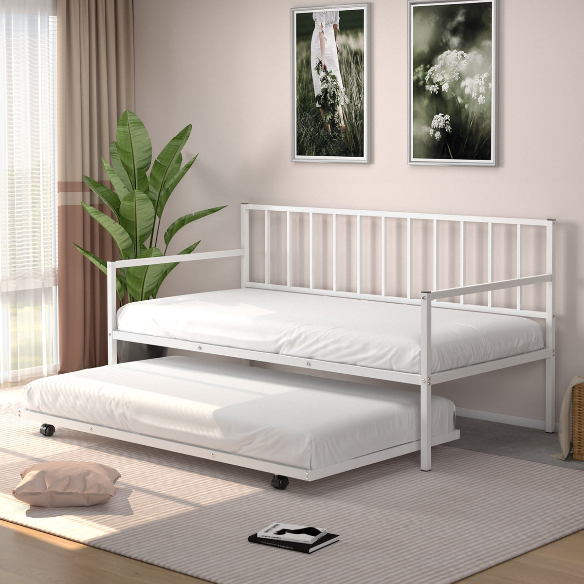 Twin Metal Daybed Sofa Bed Set with Roll Out Trundle-Trundle Bed Frame-DECOROLALA