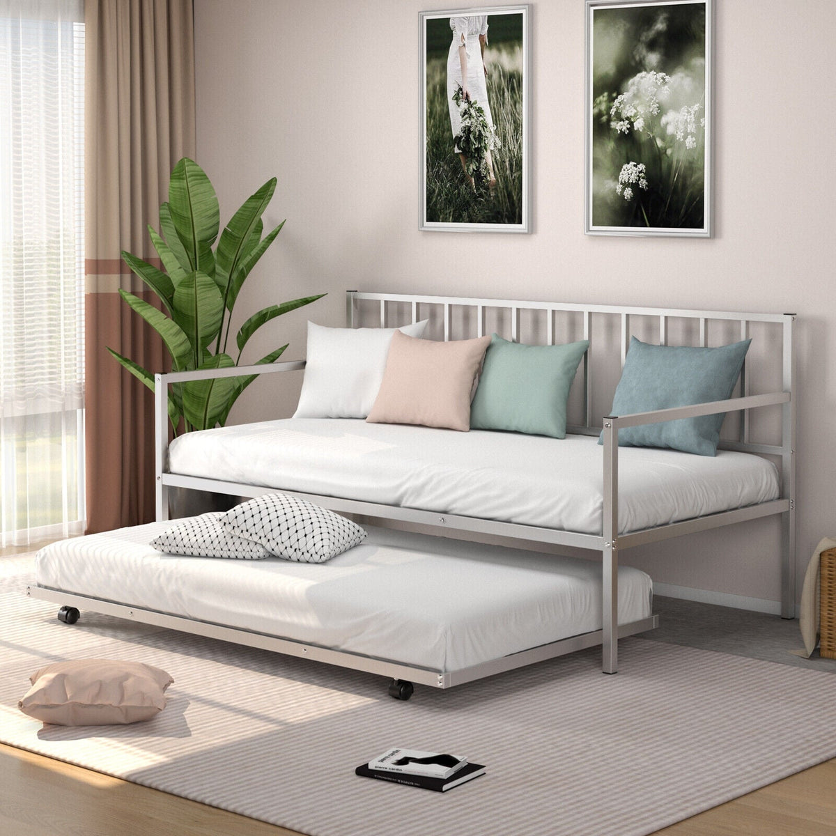 Twin Metal Daybed Sofa Bed Set with Roll Out Trundle-Trundle Bed Frame-DECOROLALA