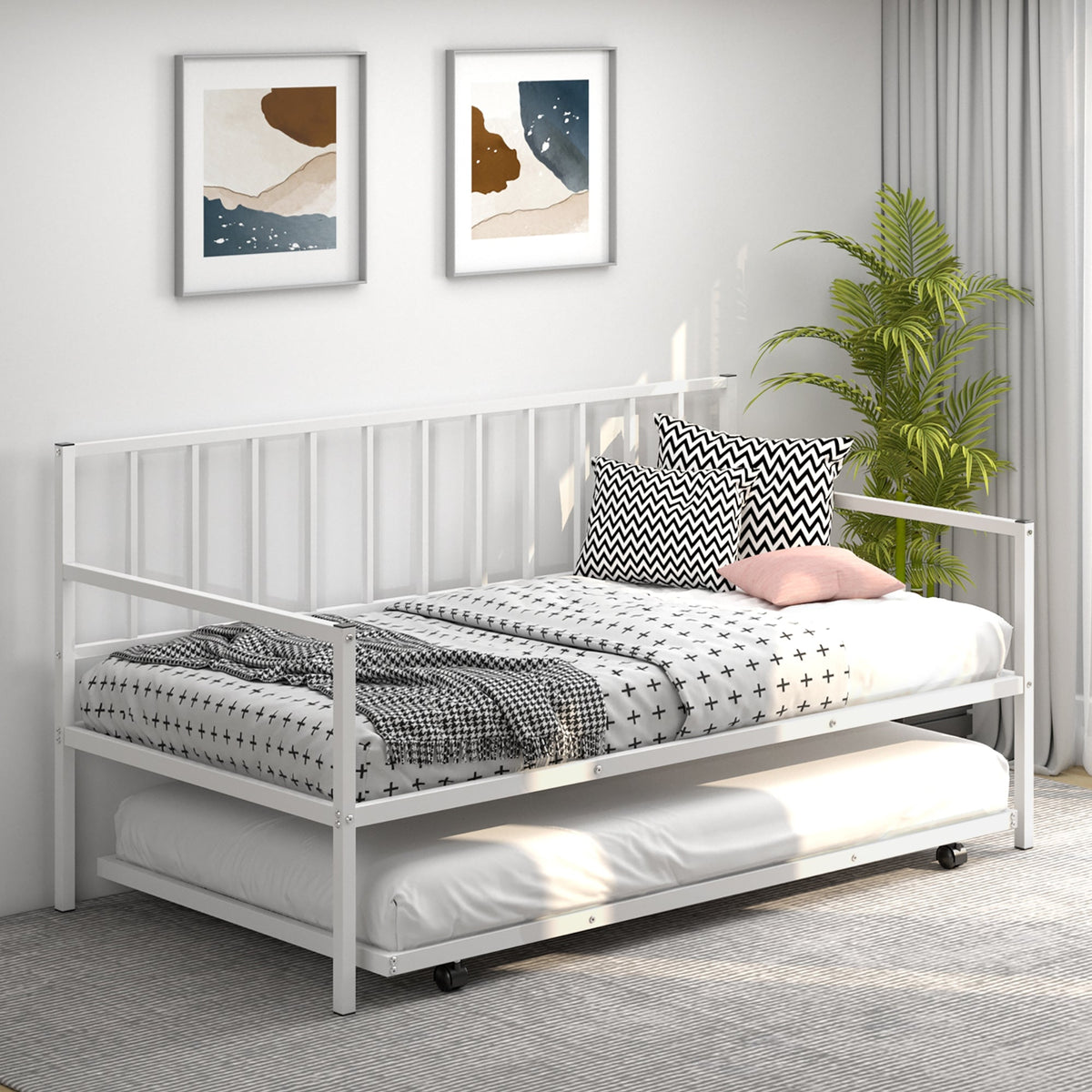 Twin Metal Daybed Sofa Bed Set with Roll Out Trundle-Trundle Bed Frame-DECOROLALA