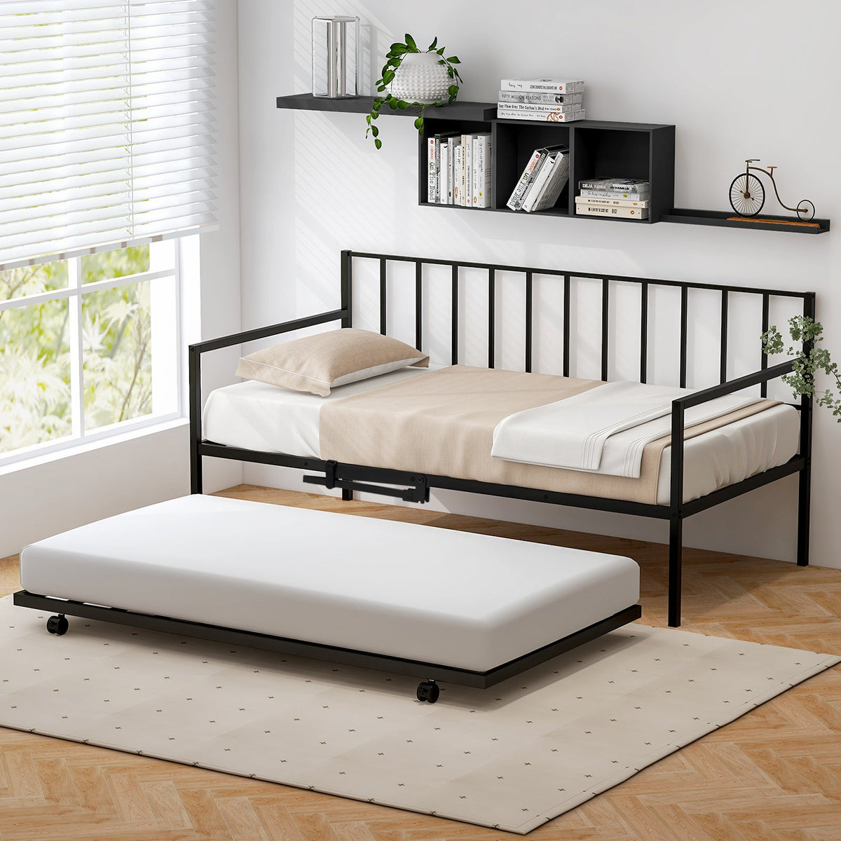 Twin Metal Daybed Sofa Bed Set with Roll Out Trundle-Trundle Bed Frame-DECOROLALA