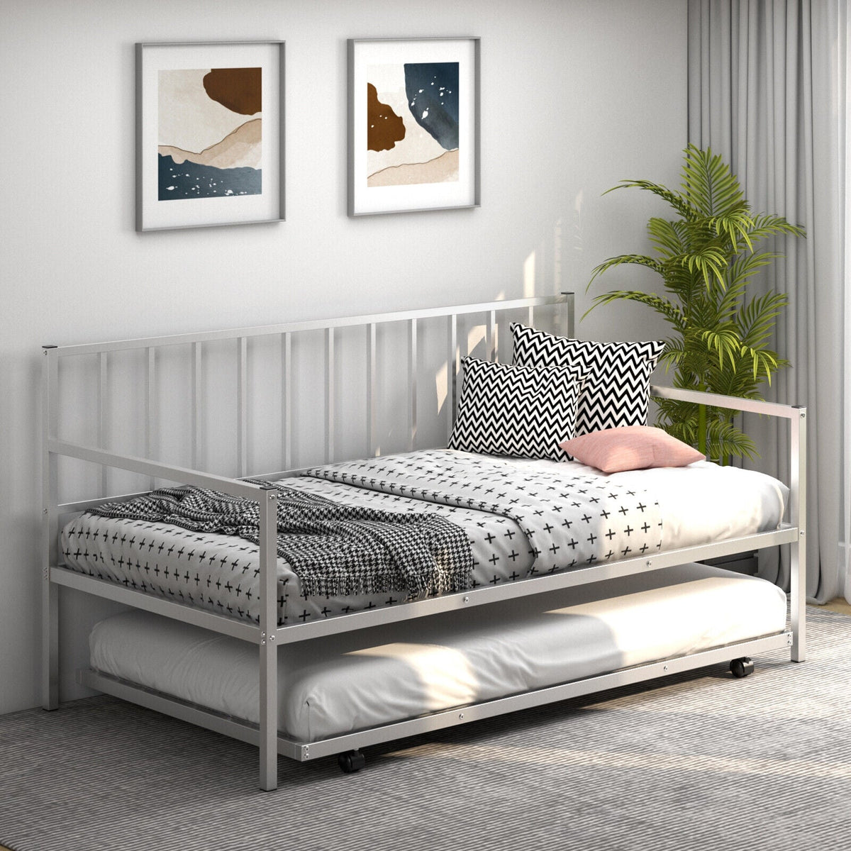 Twin Metal Daybed Sofa Bed Set with Roll Out Trundle-Trundle Bed Frame-DECOROLALA