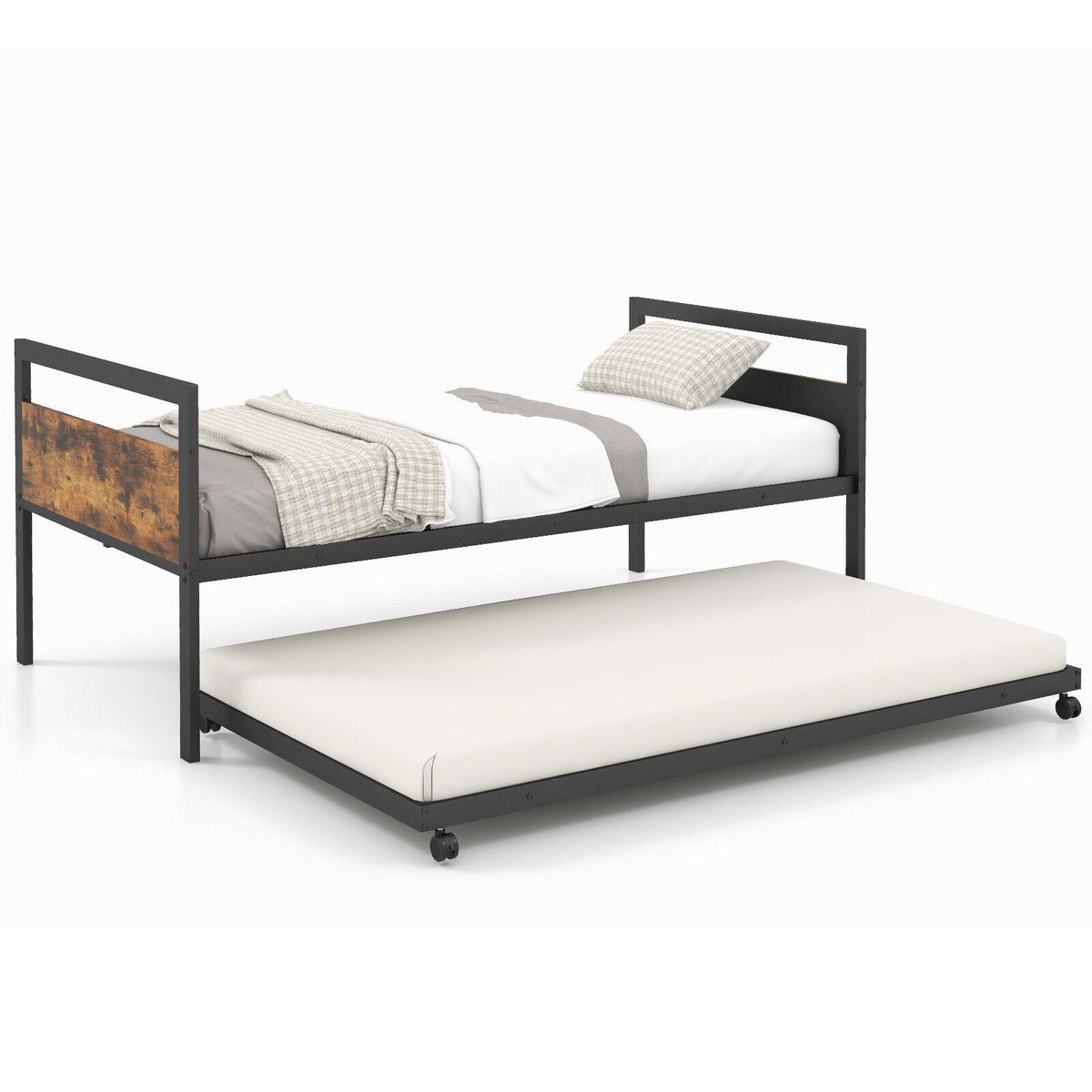 Twin Metal Daybed with Trundle Lockable Wheels-Twin Size-Trundle Bed Frame-DECOROLALA