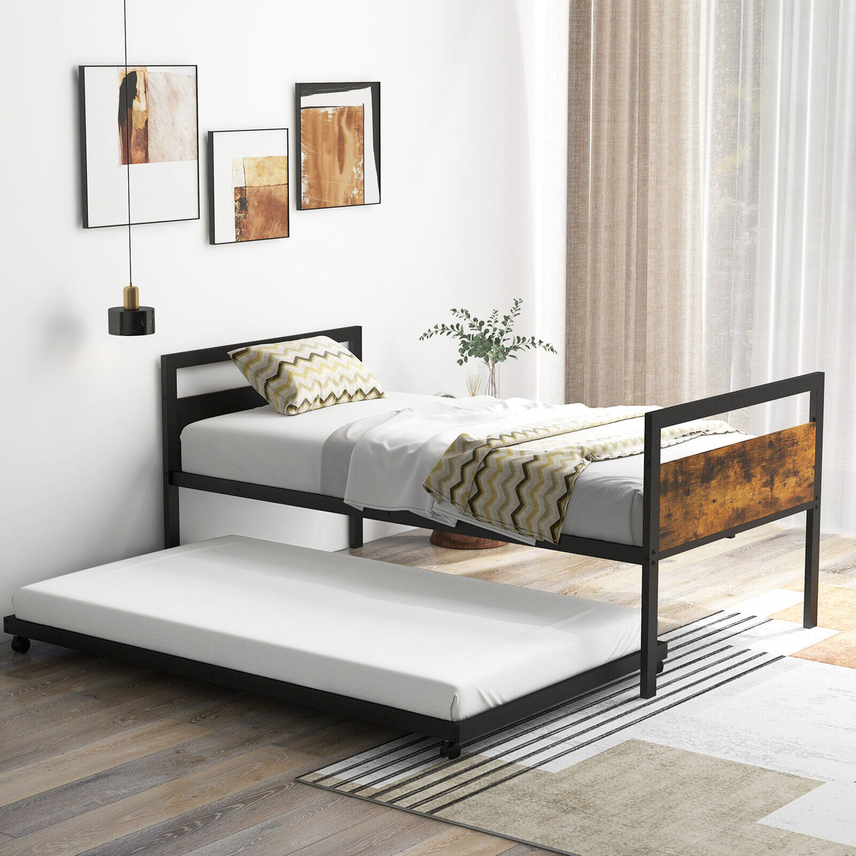 Twin Metal Daybed with Trundle Lockable Wheels-Twin Size-Trundle Bed Frame-DECOROLALA