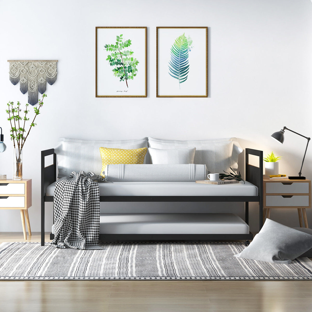 Twin Metal Daybed with Trundle Lockable Wheels-Twin Size-Trundle Bed Frame-DECOROLALA