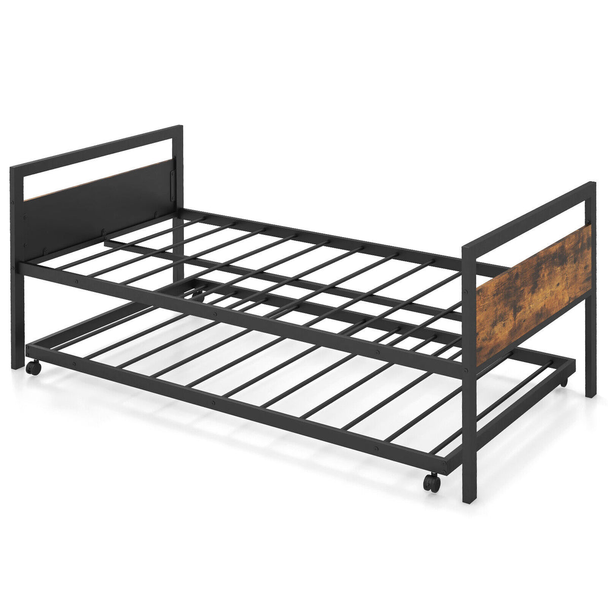 Twin Metal Daybed with Trundle Lockable Wheels-Twin Size-Trundle Bed Frame-DECOROLALA