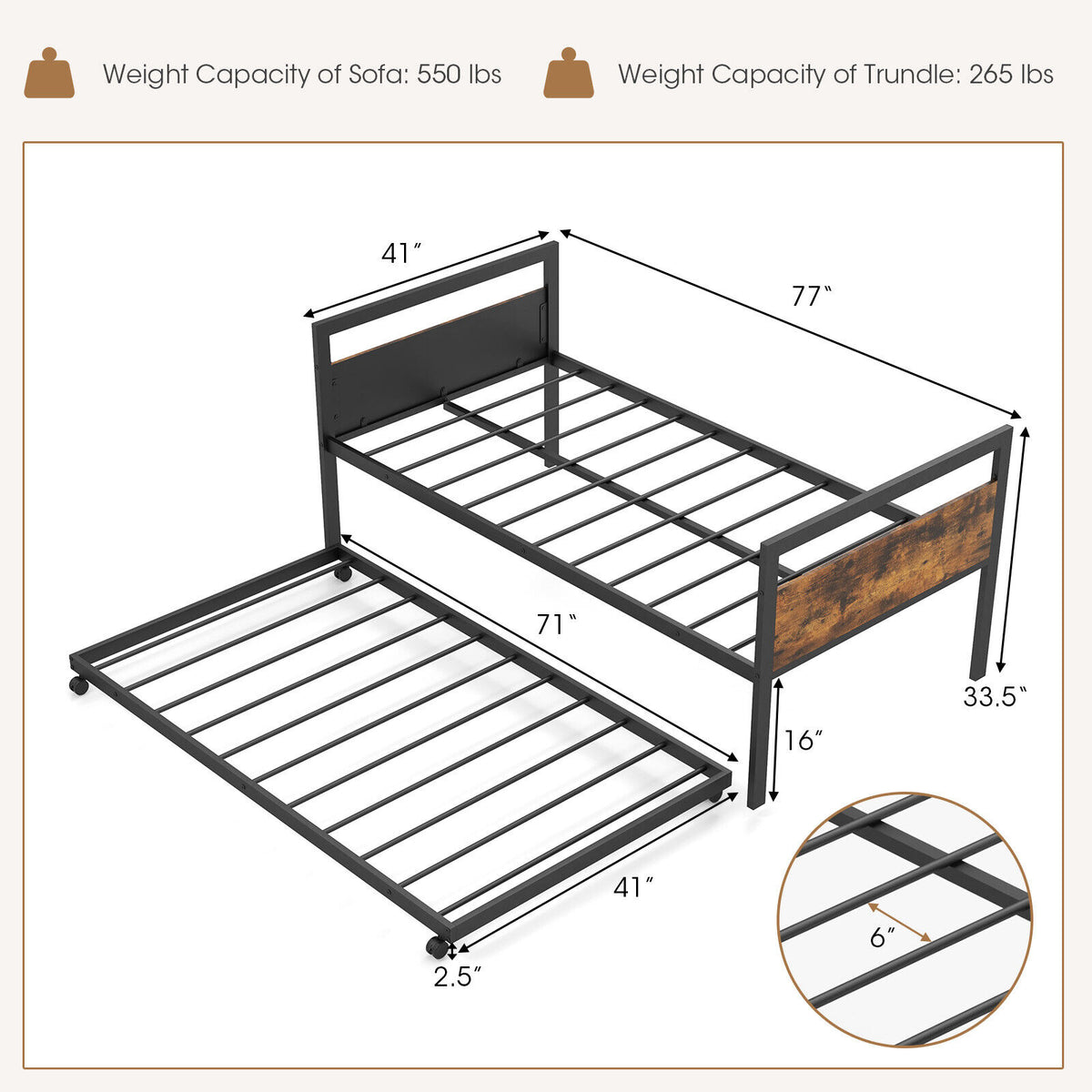 Twin Metal Daybed with Trundle Lockable Wheels-Twin Size-Trundle Bed Frame-DECOROLALA
