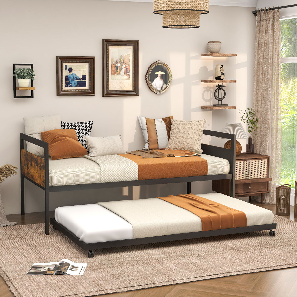 Twin Metal Daybed with Trundle Lockable Wheels-Twin Size-Trundle Bed Frame-DECOROLALA