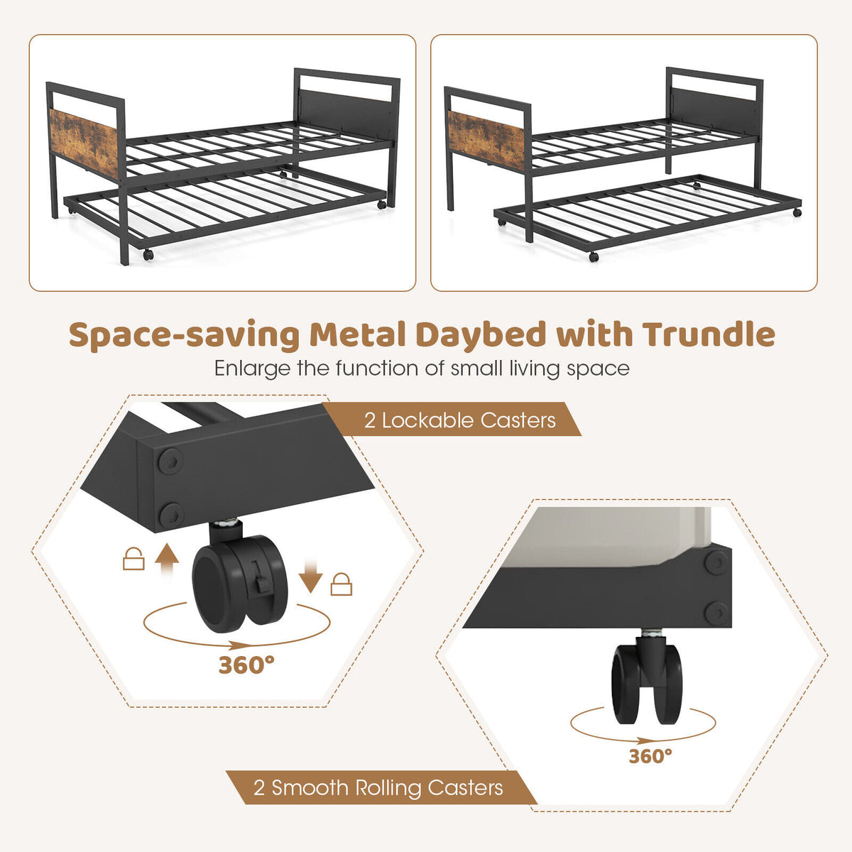 Twin Metal Daybed with Trundle Lockable Wheels-Twin Size-Trundle Bed Frame-DECOROLALA