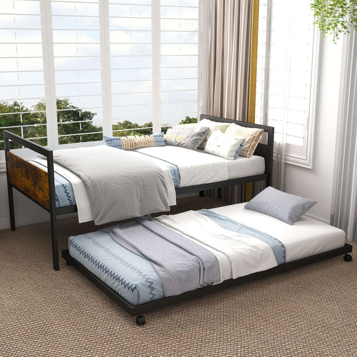 Twin Metal Daybed with Trundle Lockable Wheels-Twin Size-Trundle Bed Frame-DECOROLALA