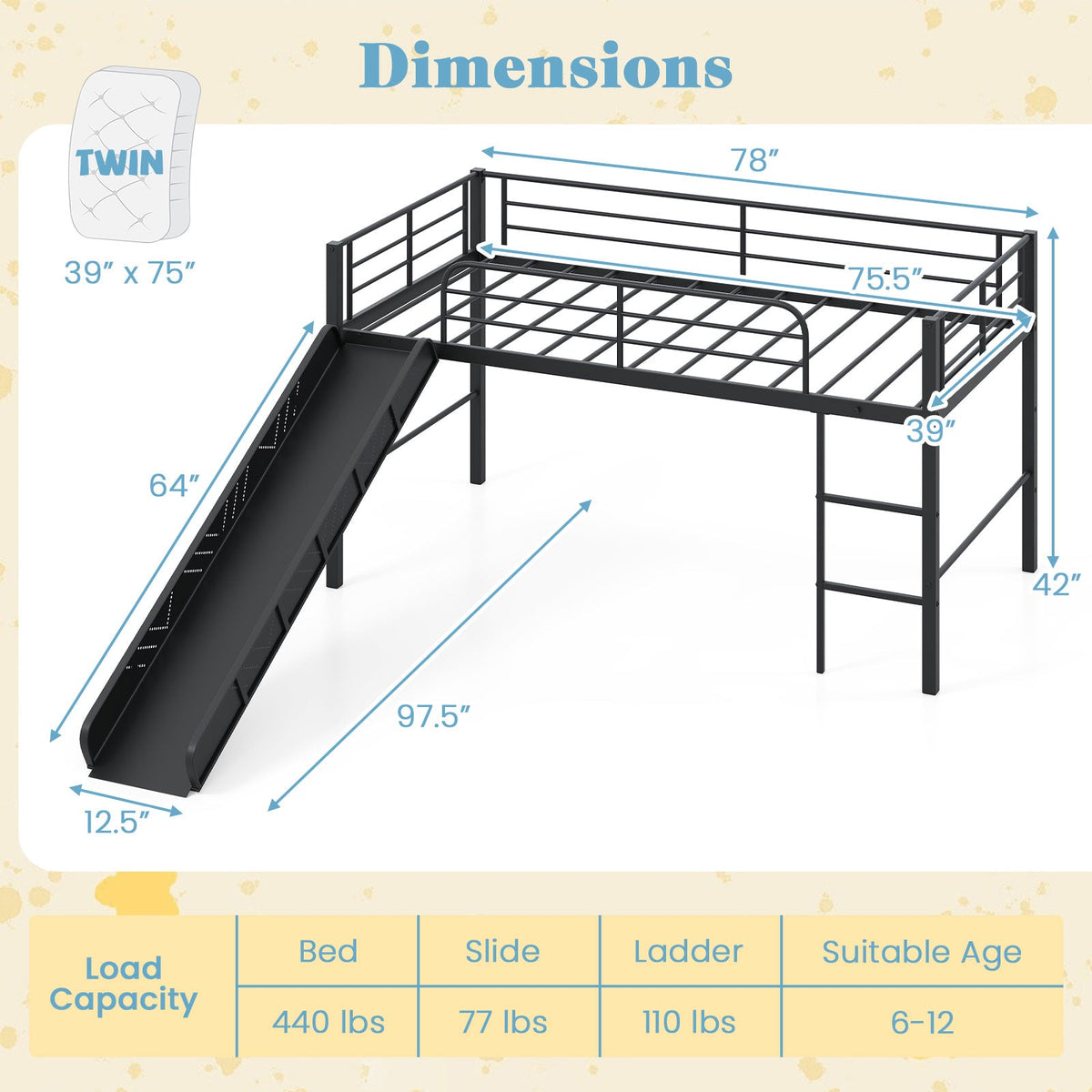 Twin Metal Loft Bed with Slide with Safety Guardrails and Built-in Ladder-Bunk Bed Frame-DECOROLALA