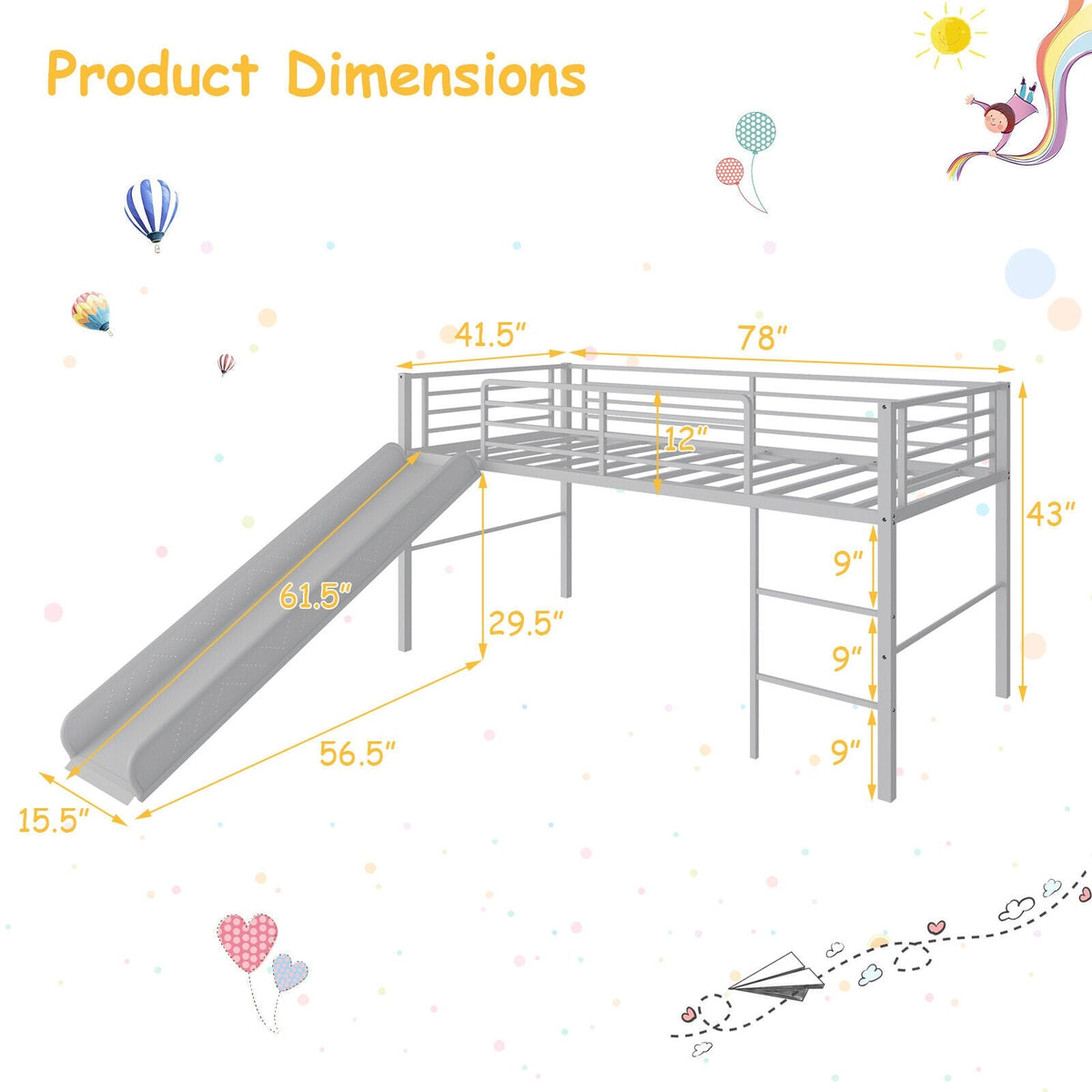 Twin Metal Loft Bed with Slide with Safety Guardrails and Built-in Ladder-Bunk Bed Frame-DECOROLALA