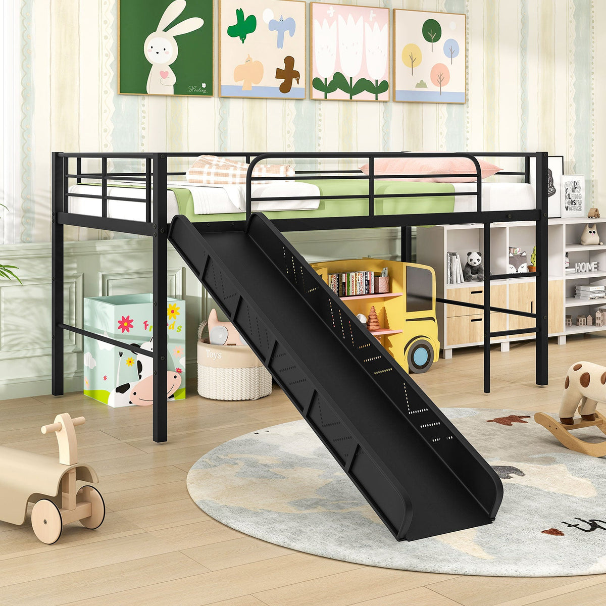 Twin Metal Loft Bed with Slide with Safety Guardrails and Built-in Ladder-Bunk Bed Frame-DECOROLALA