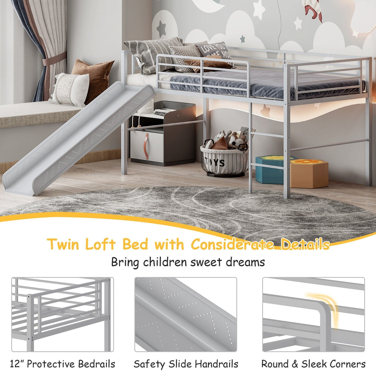 Twin Metal Loft Bed with Slide with Safety Guardrails and Built-in Ladder-Bunk Bed Frame-DECOROLALA