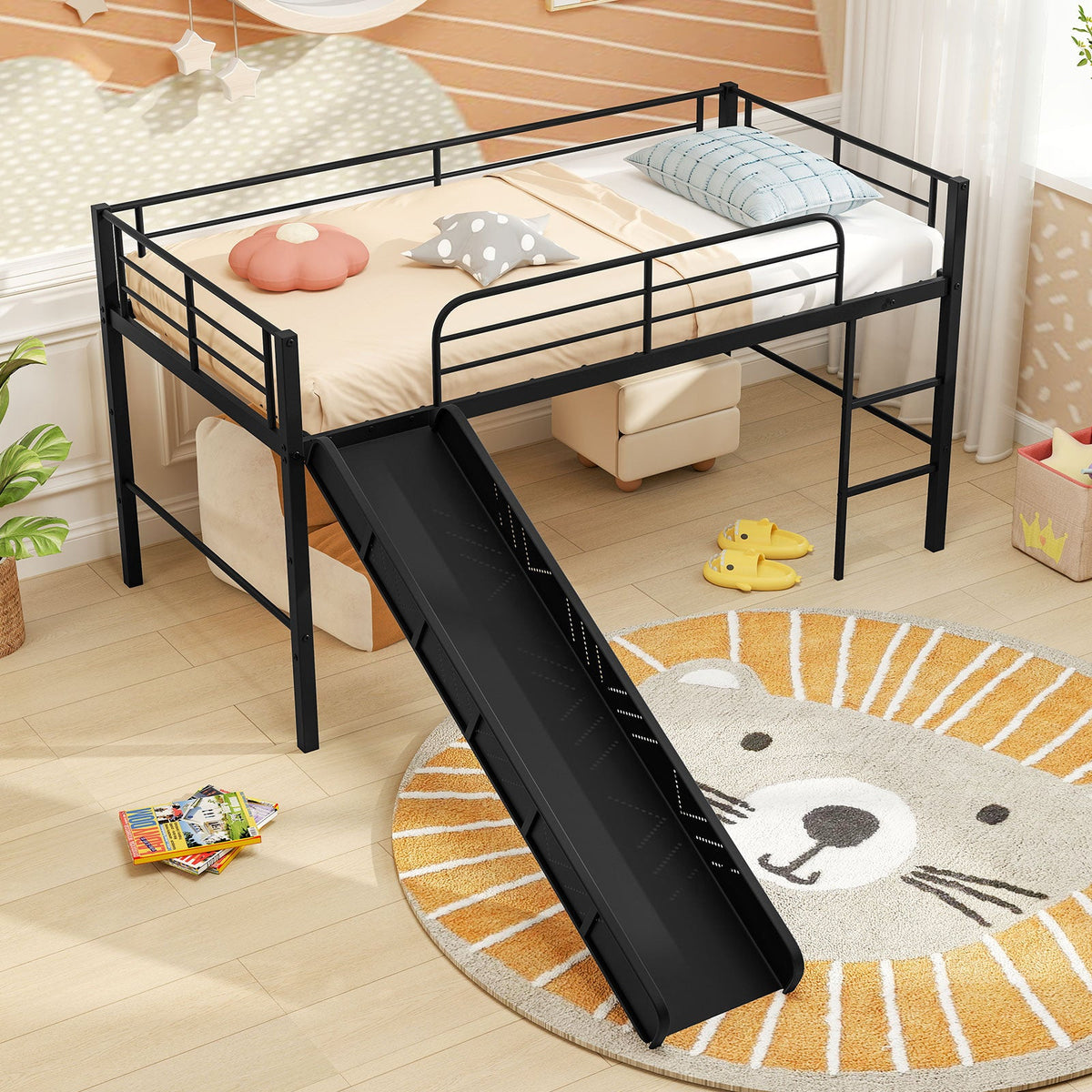 Twin Metal Loft Bed with Slide with Safety Guardrails and Built-in Ladder-Bunk Bed Frame-DECOROLALA