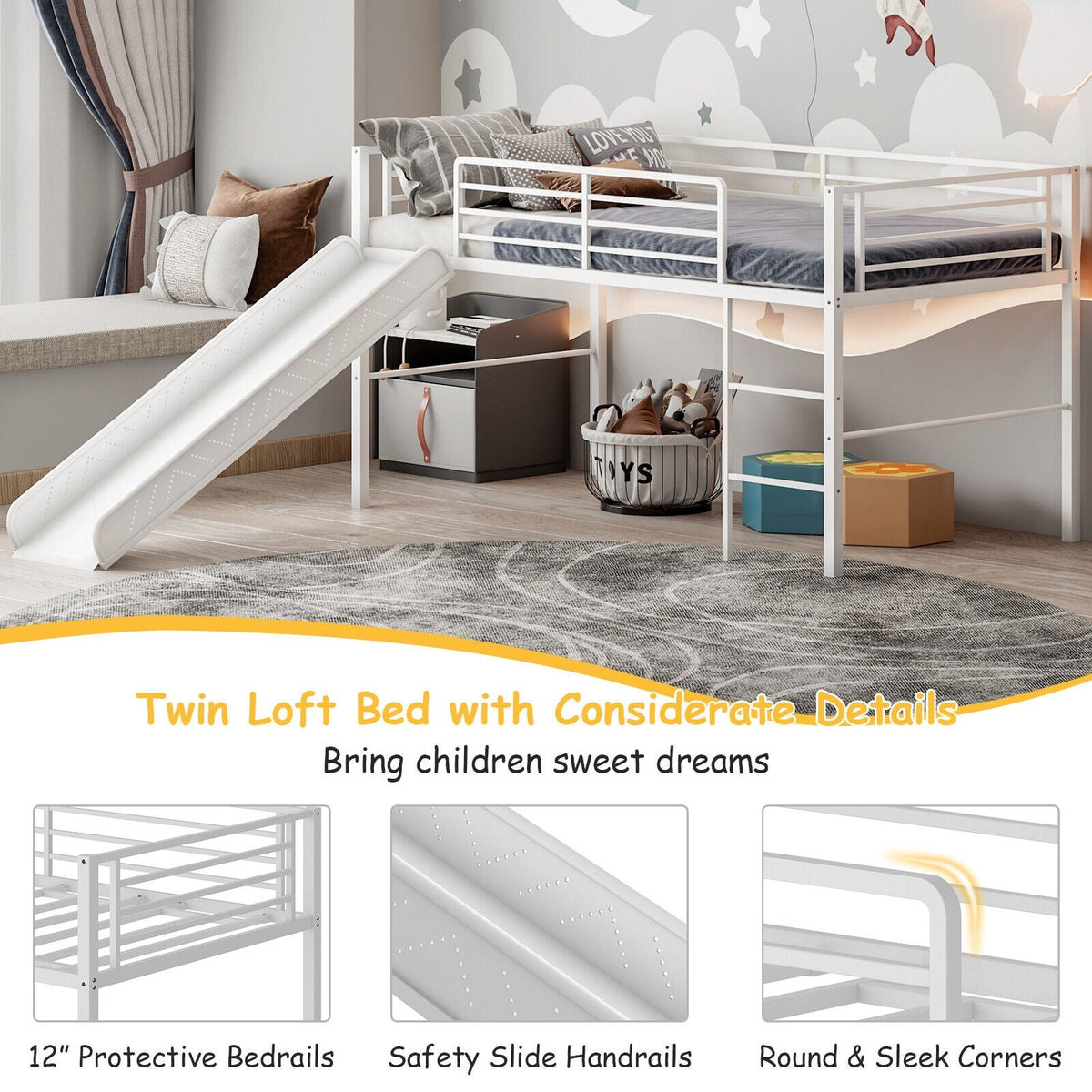 Twin Metal Loft Bed with Slide with Safety Guardrails and Built-in Ladder-Bunk Bed Frame-DECOROLALA