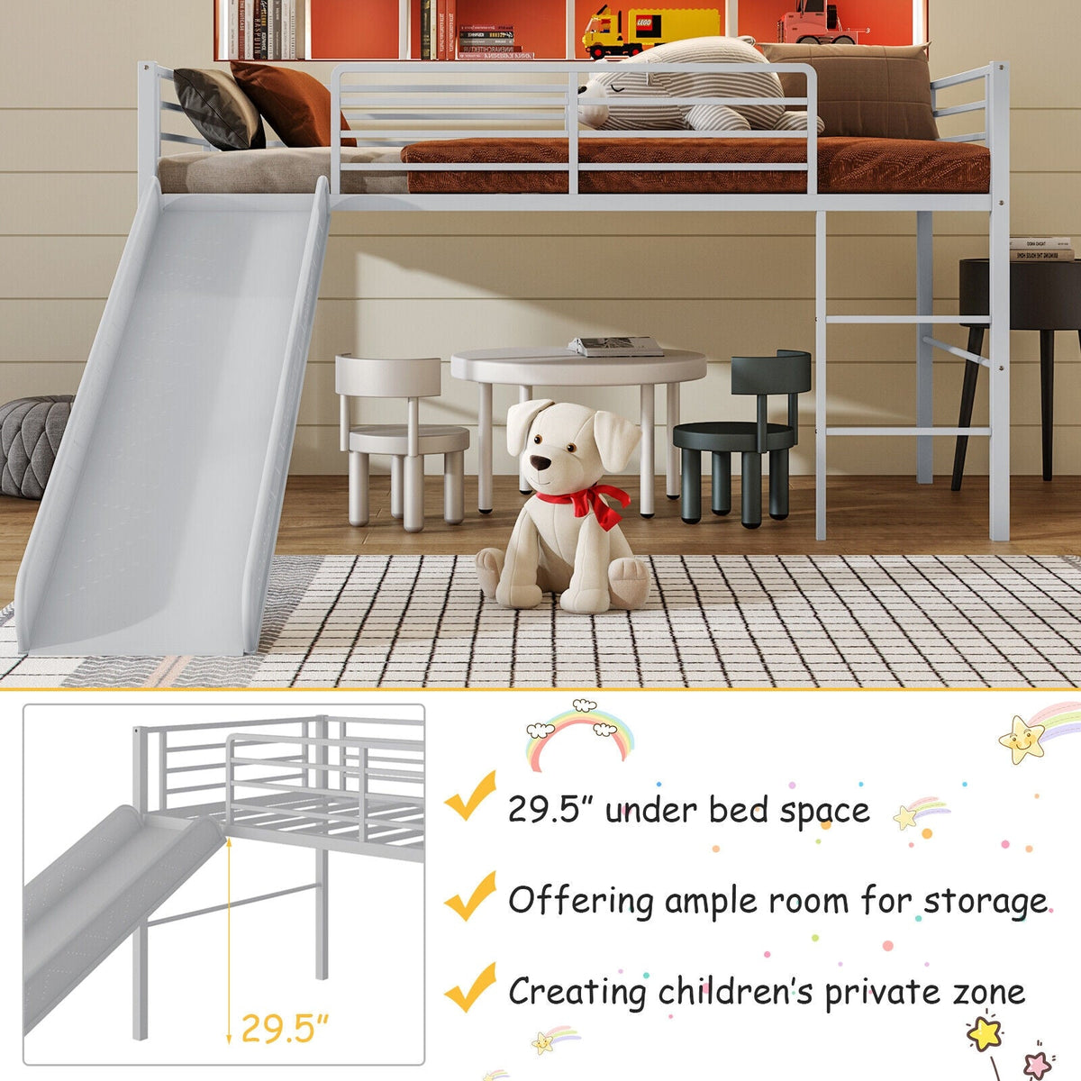 Twin Metal Loft Bed with Slide with Safety Guardrails and Built-in Ladder-Bunk Bed Frame-DECOROLALA
