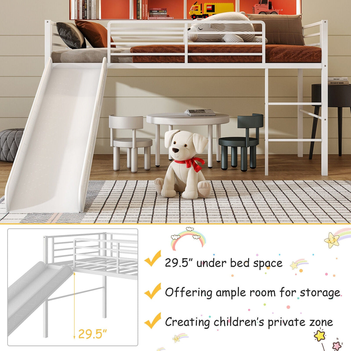 Twin Metal Loft Bed with Slide with Safety Guardrails and Built-in Ladder-Bunk Bed Frame-DECOROLALA
