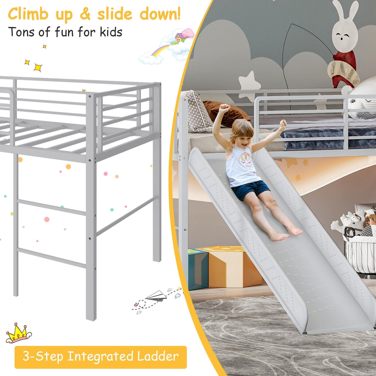 Twin Metal Loft Bed with Slide with Safety Guardrails and Built-in Ladder-Bunk Bed Frame-DECOROLALA