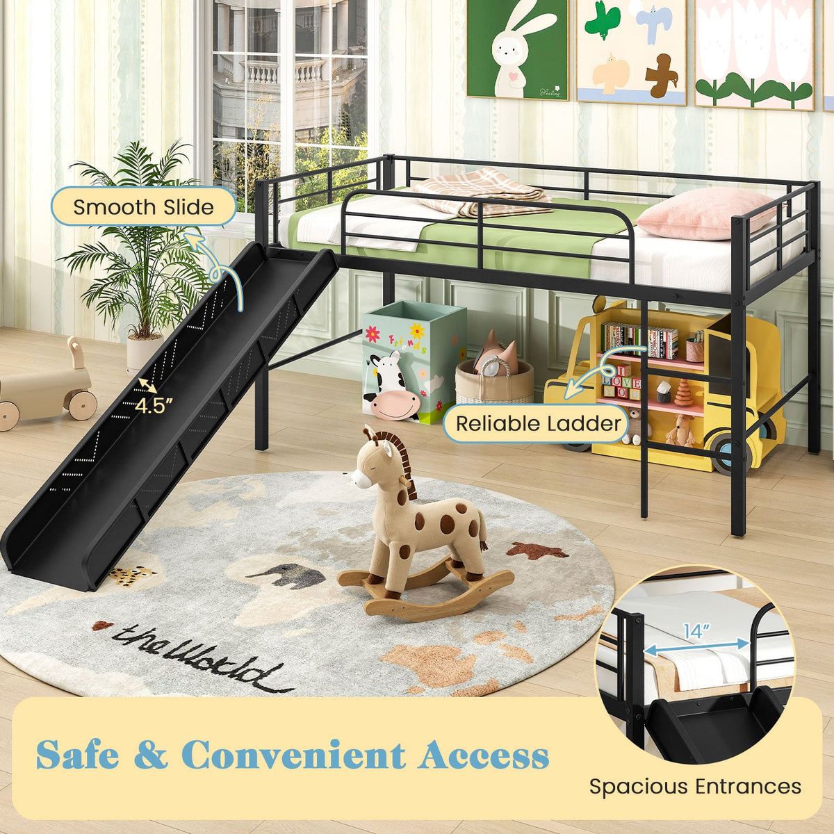 Twin Metal Loft Bed with Slide with Safety Guardrails and Built-in Ladder-Bunk Bed Frame-DECOROLALA