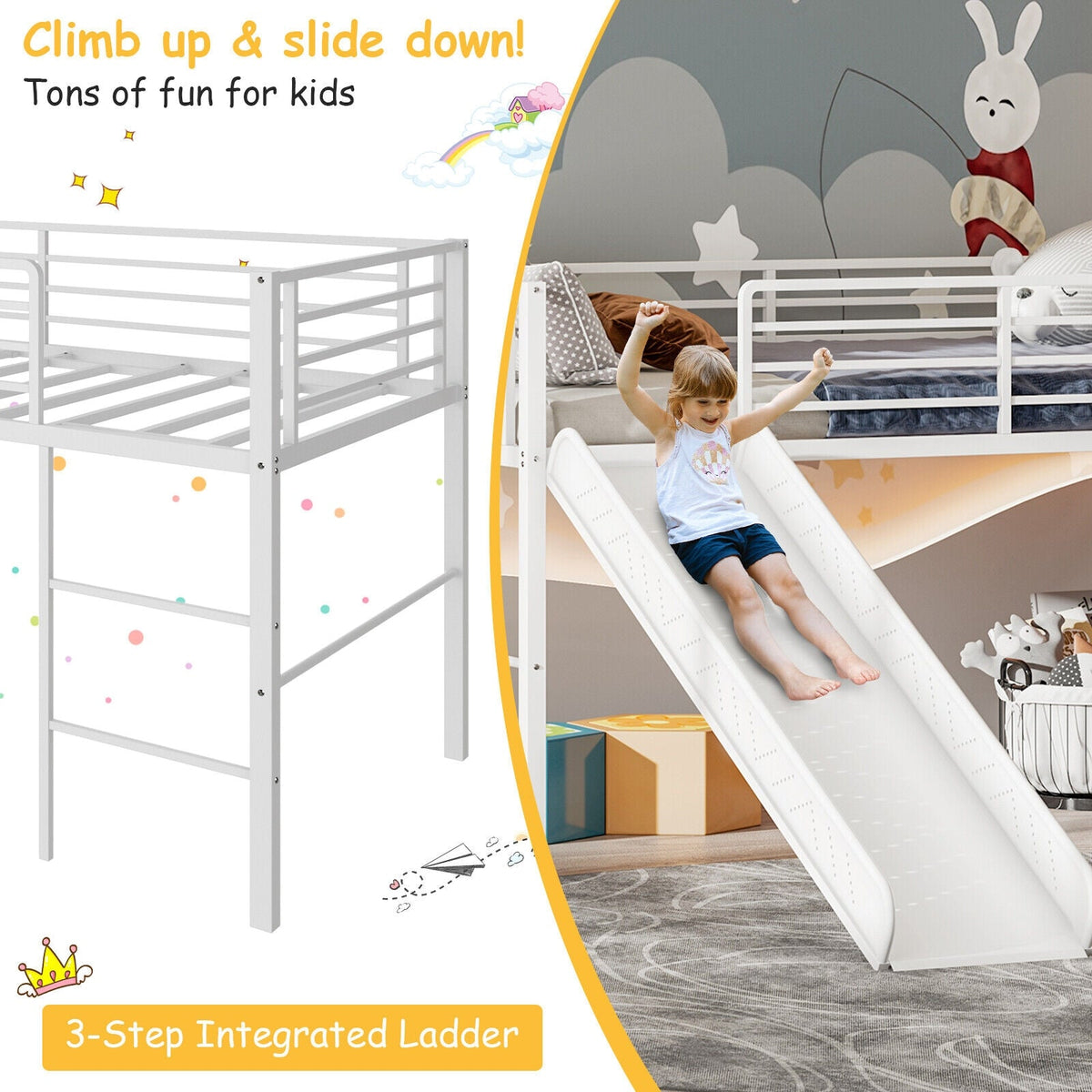 Twin Metal Loft Bed with Slide with Safety Guardrails and Built-in Ladder-Bunk Bed Frame-DECOROLALA