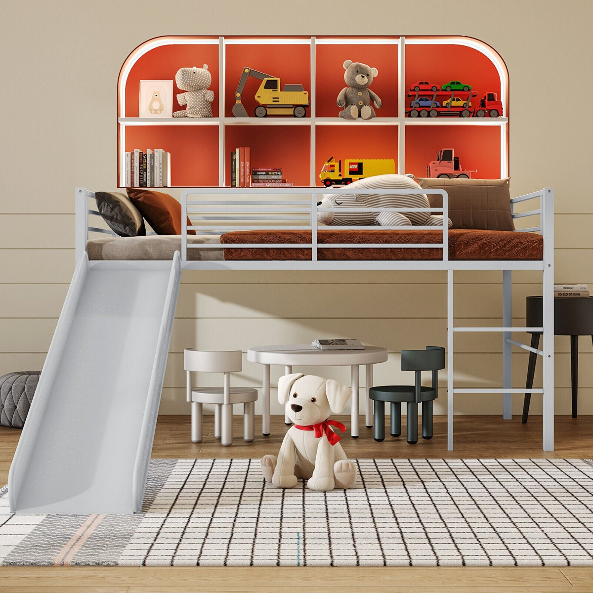 Twin Metal Loft Bed with Slide with Safety Guardrails and Built-in Ladder-Bunk Bed Frame-DECOROLALA