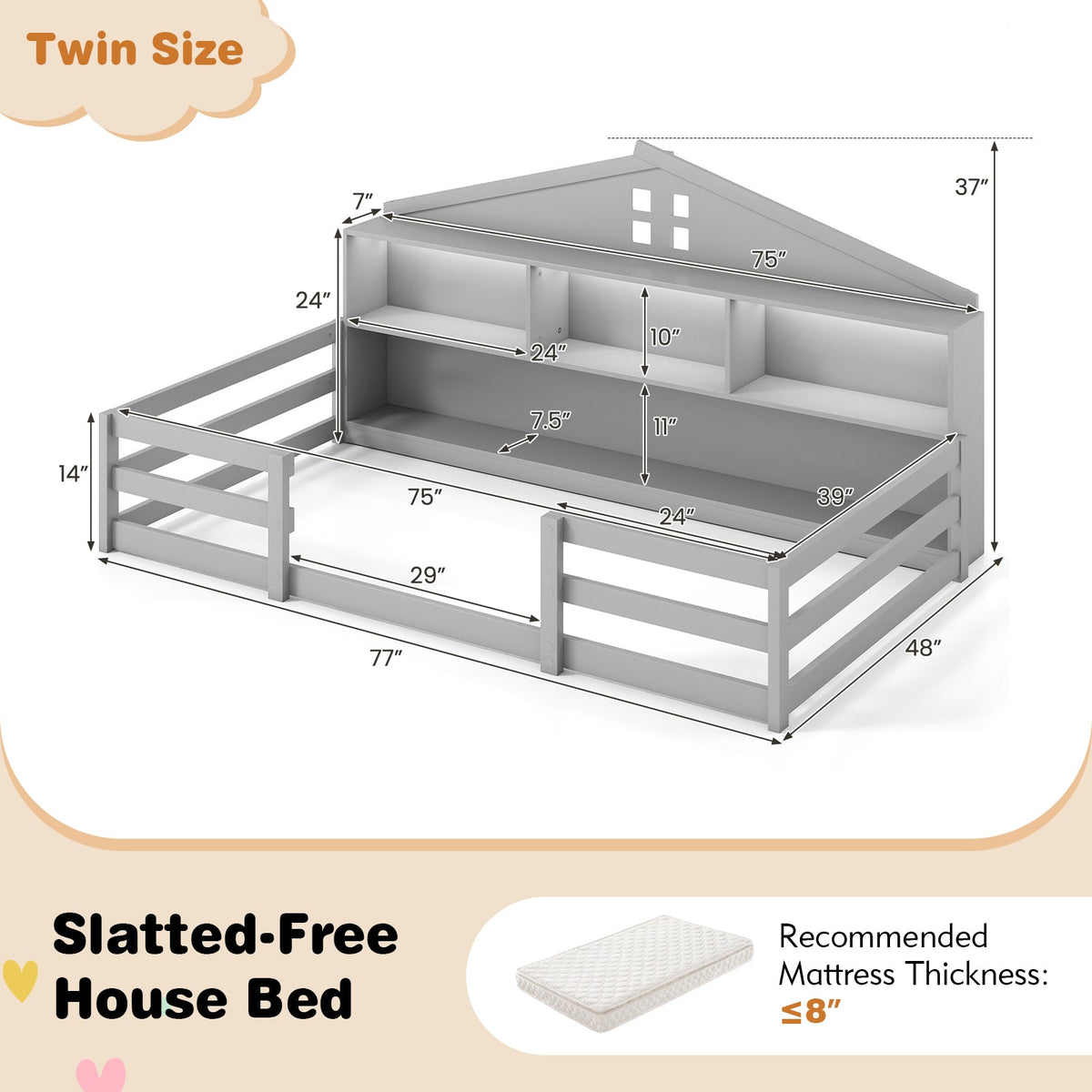 Twin Size Montessori Floor Bed with Storage Compartments and Shelf-Trundle Bed Frame-DECOROLALA