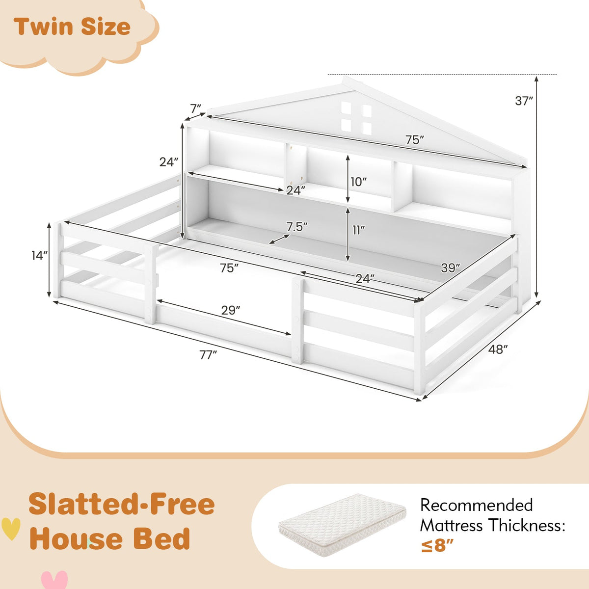 Twin Size Montessori Floor Bed with Storage Compartments and Shelf-Trundle Bed Frame-DECOROLALA