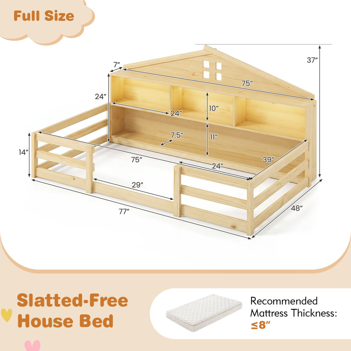 Twin Size Montessori Floor Bed with Storage Compartments and Shelf-Trundle Bed Frame-DECOROLALA