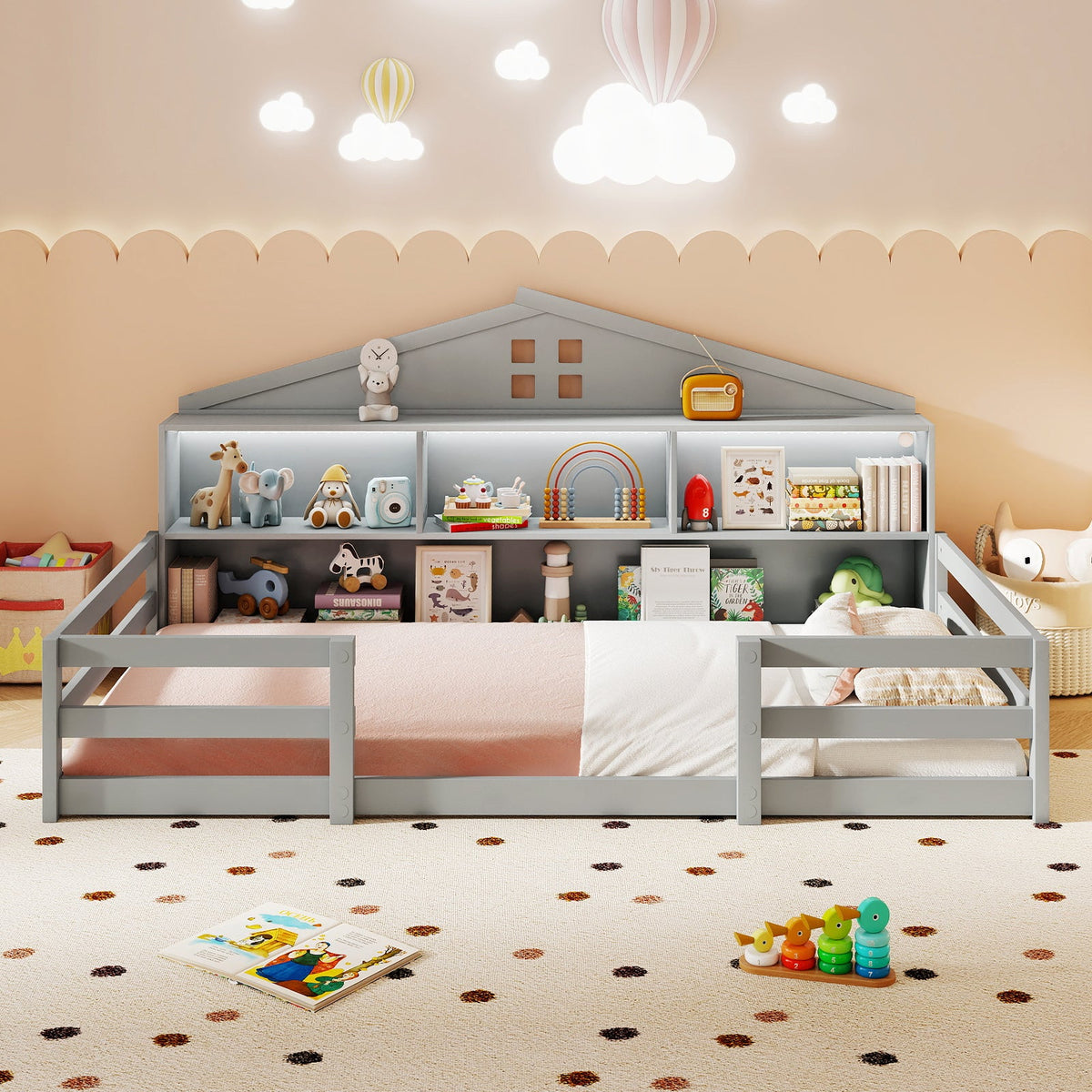 Twin Size Montessori Floor Bed with Storage Compartments and Shelf-Trundle Bed Frame-DECOROLALA