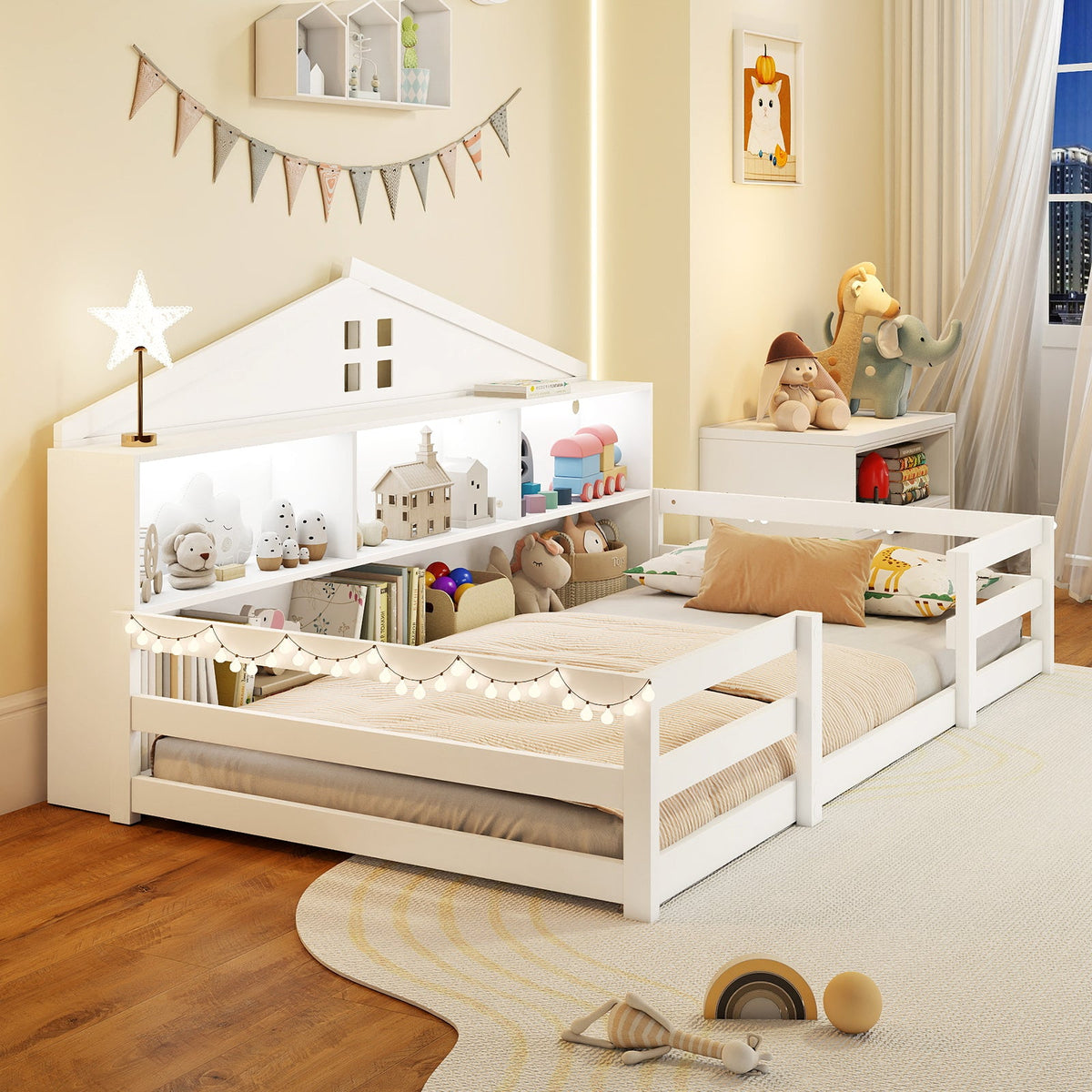 Twin Size Montessori Floor Bed with Storage Compartments and Shelf-Trundle Bed Frame-DECOROLALA