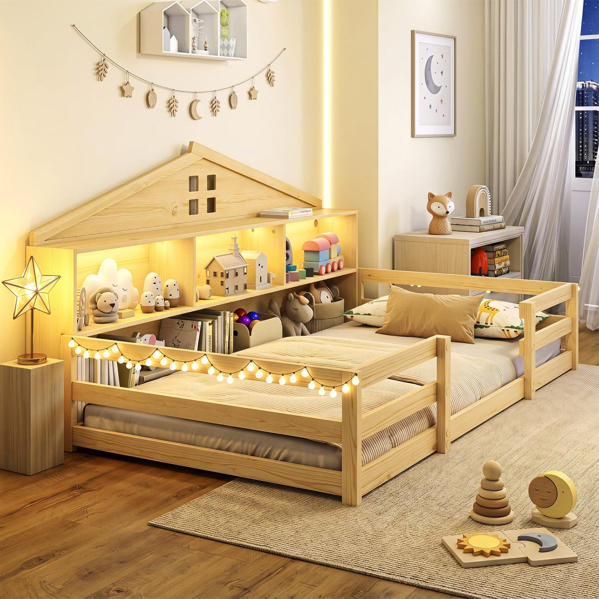 Twin Size Montessori Floor Bed with Storage Compartments and Shelf-Trundle Bed Frame-DECOROLALA