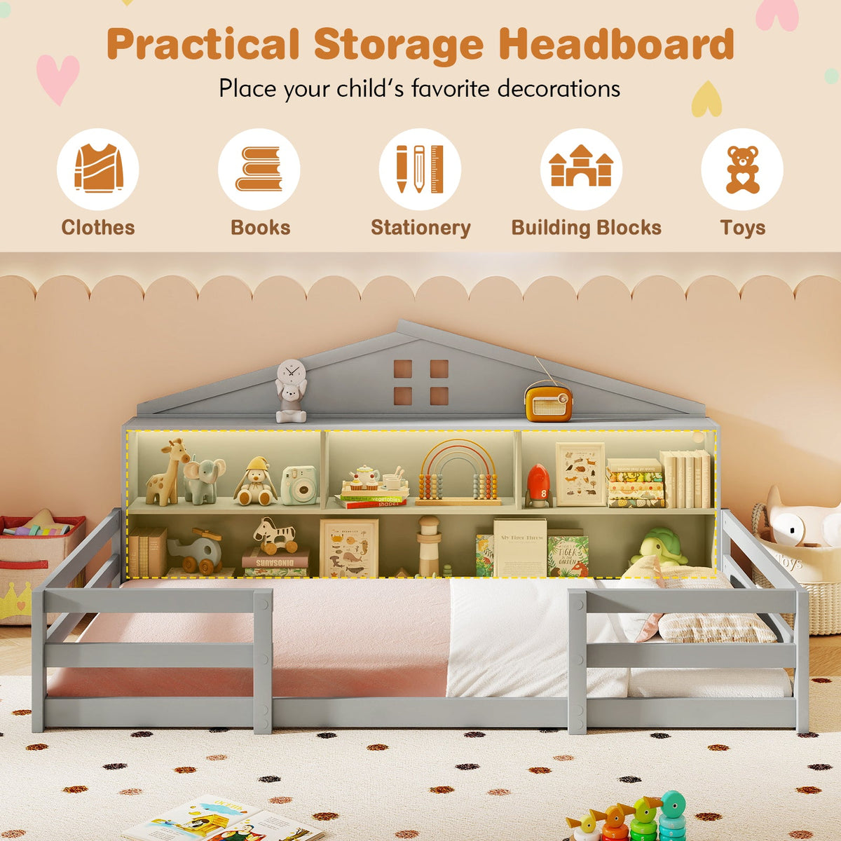 Twin Size Montessori Floor Bed with Storage Compartments and Shelf-Trundle Bed Frame-DECOROLALA
