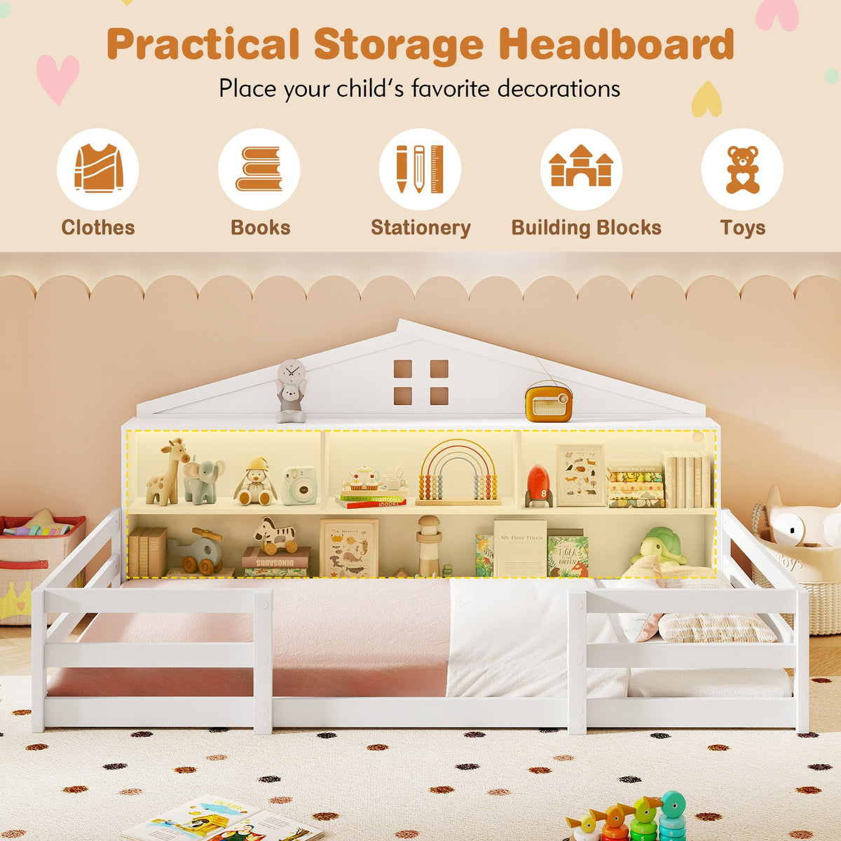 Twin Size Montessori Floor Bed with Storage Compartments and Shelf-Trundle Bed Frame-DECOROLALA