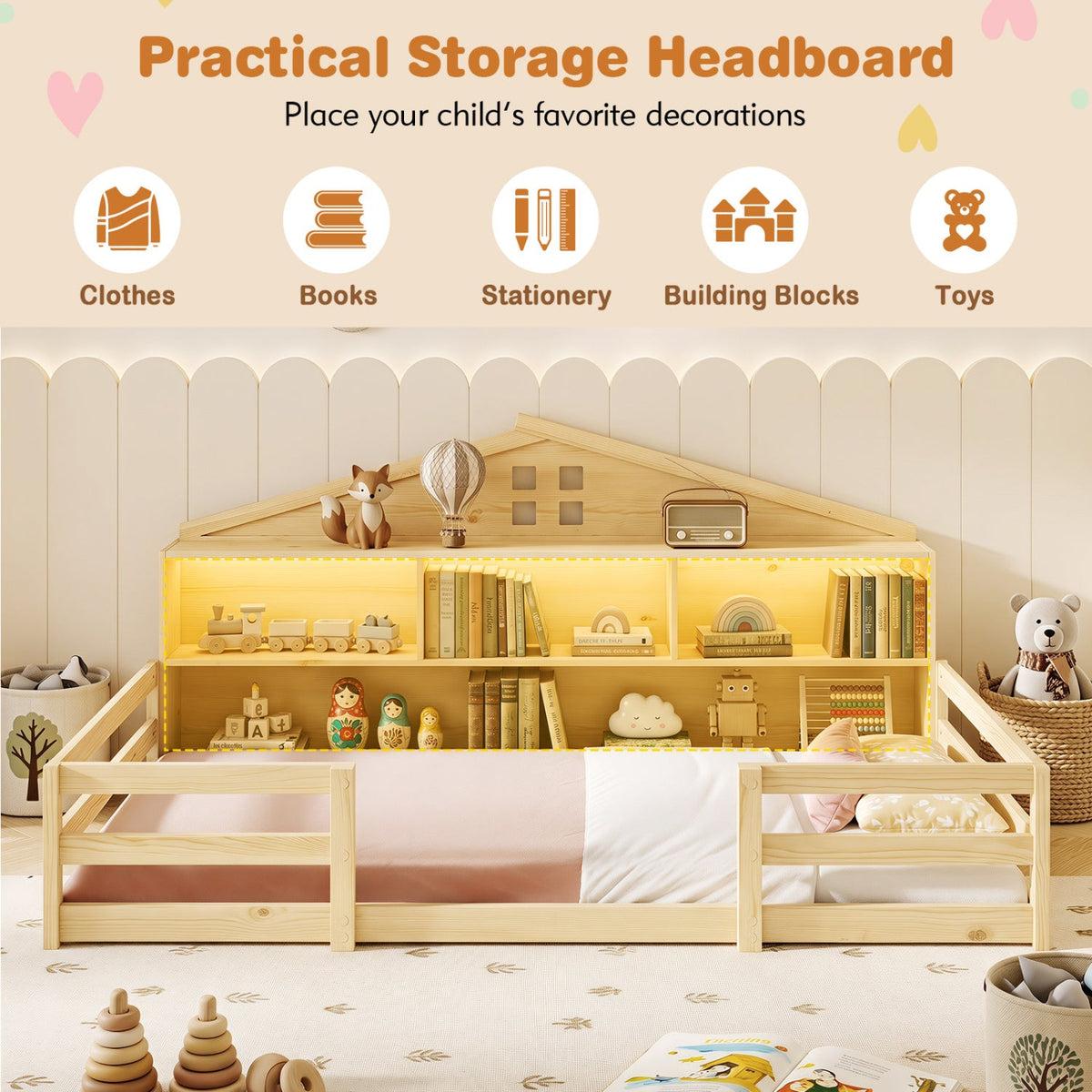 Twin Size Montessori Floor Bed with Storage Compartments and Shelf-Trundle Bed Frame-DECOROLALA