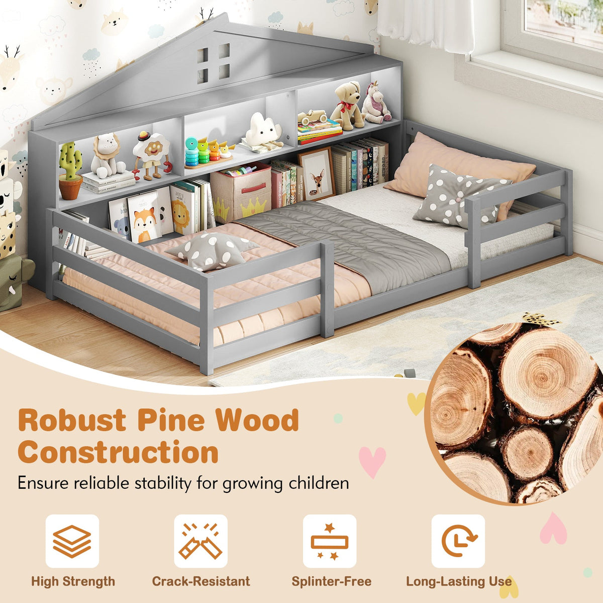 Twin Size Montessori Floor Bed with Storage Compartments and Shelf-Trundle Bed Frame-DECOROLALA