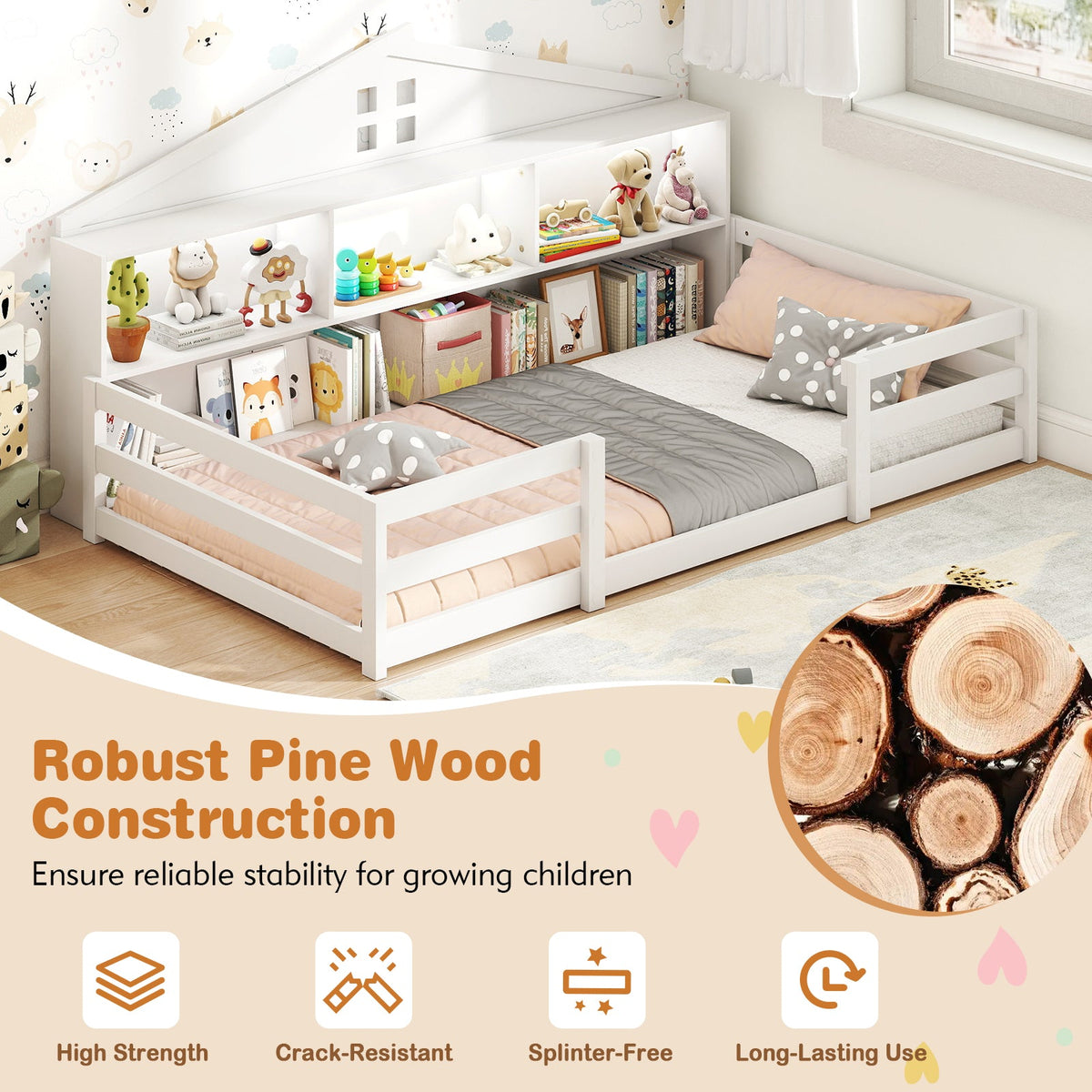 Twin Size Montessori Floor Bed with Storage Compartments and Shelf-Trundle Bed Frame-DECOROLALA
