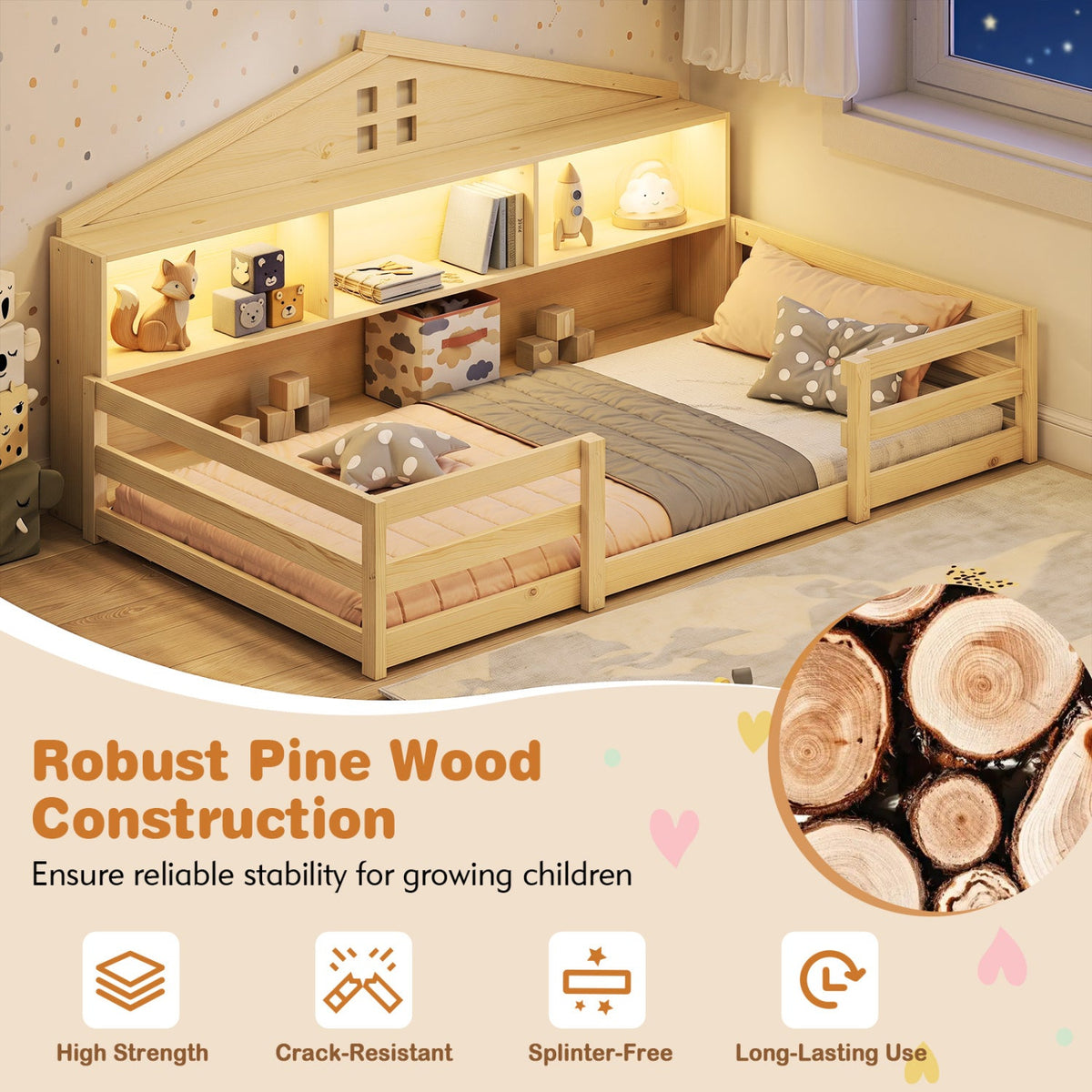Twin Size Montessori Floor Bed with Storage Compartments and Shelf-Trundle Bed Frame-DECOROLALA