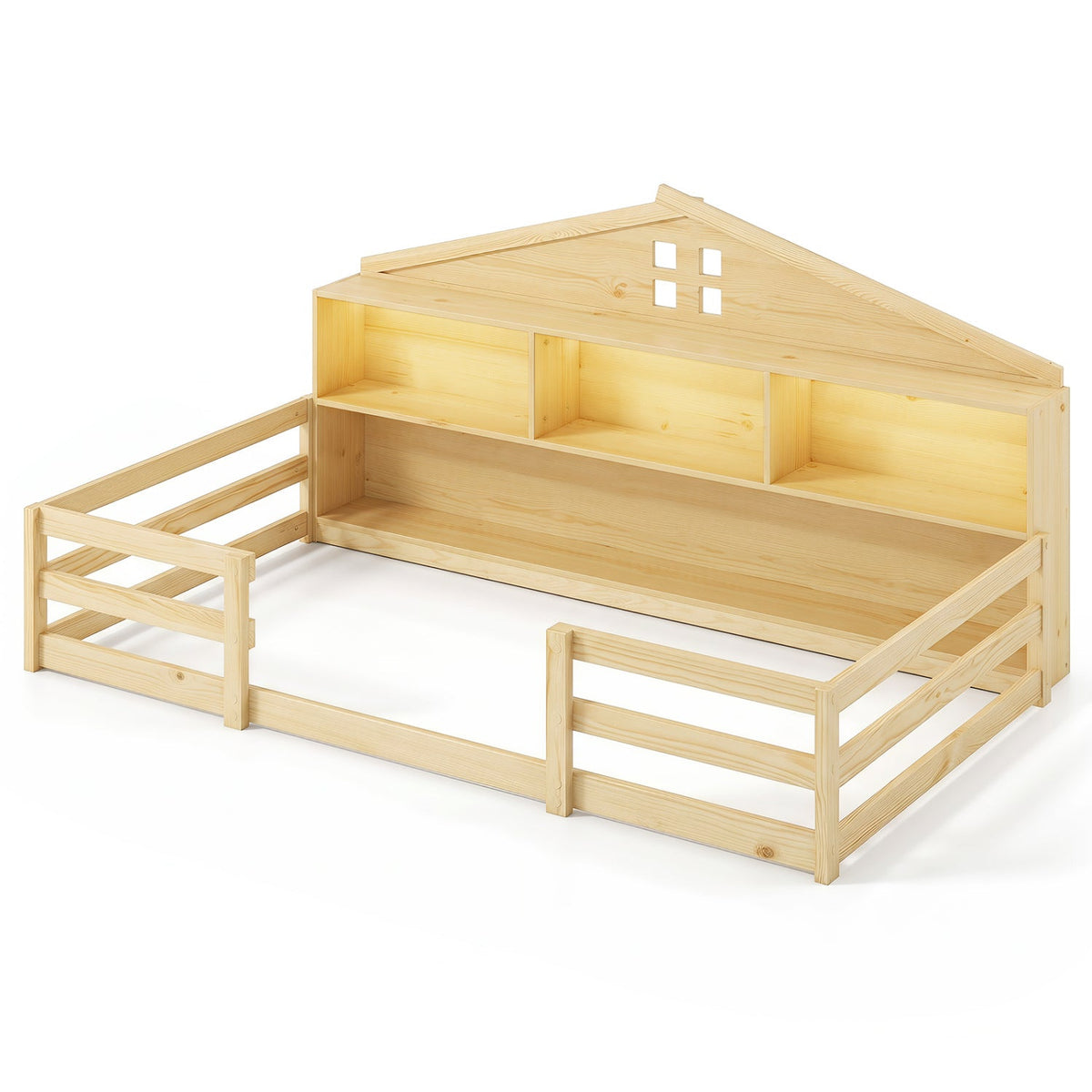 Twin Size Montessori Floor Bed with Storage Compartments and Shelf-Trundle Bed Frame-DECOROLALA