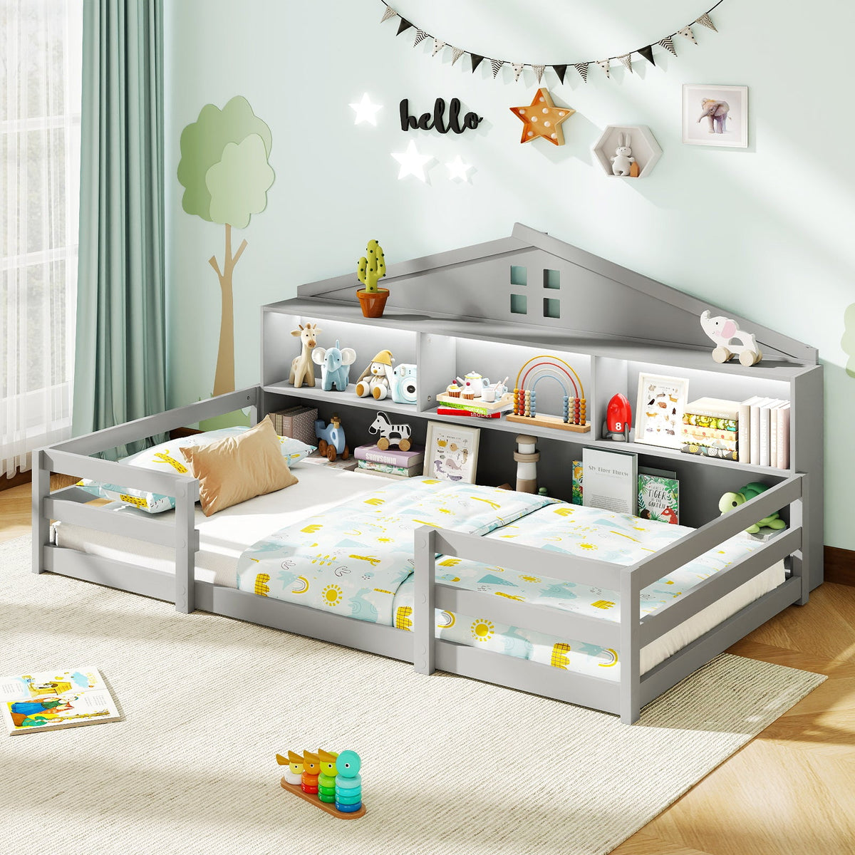 Twin Size Montessori Floor Bed with Storage Compartments and Shelf-Trundle Bed Frame-DECOROLALA